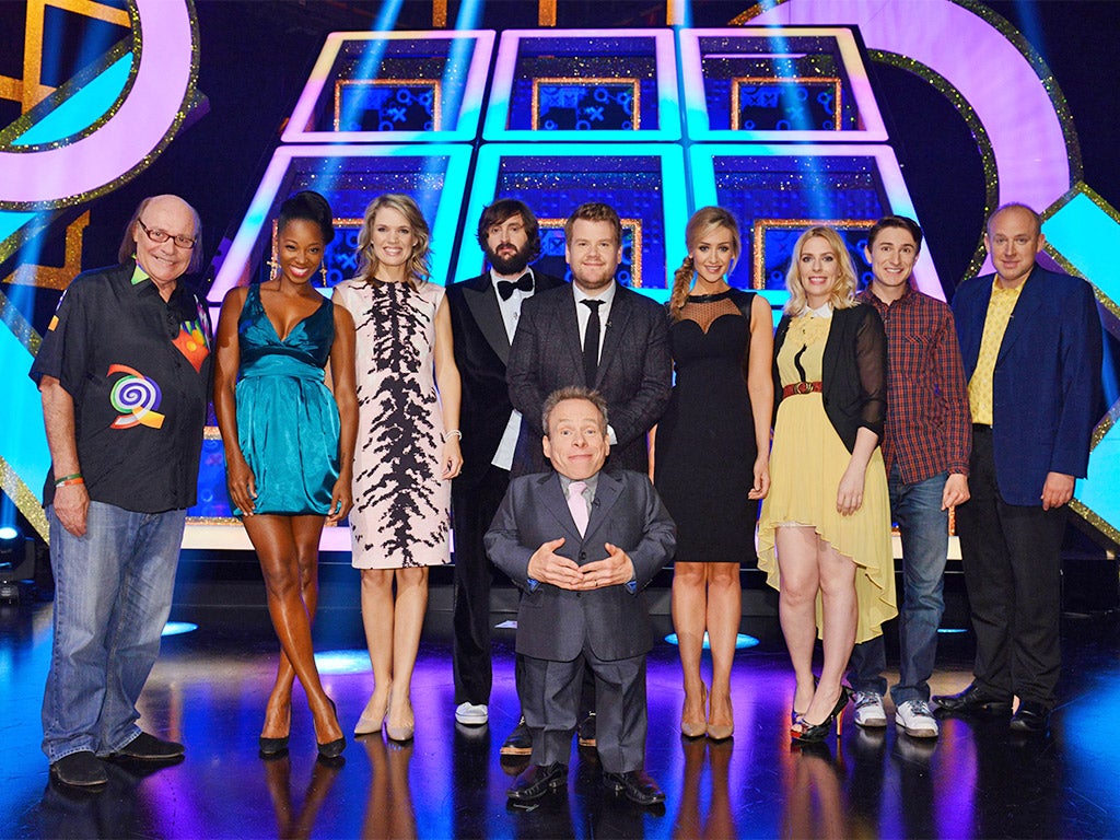 Let's get quizzical: Warwick Davis (with James Corden centre) hosts Celebrity Squares