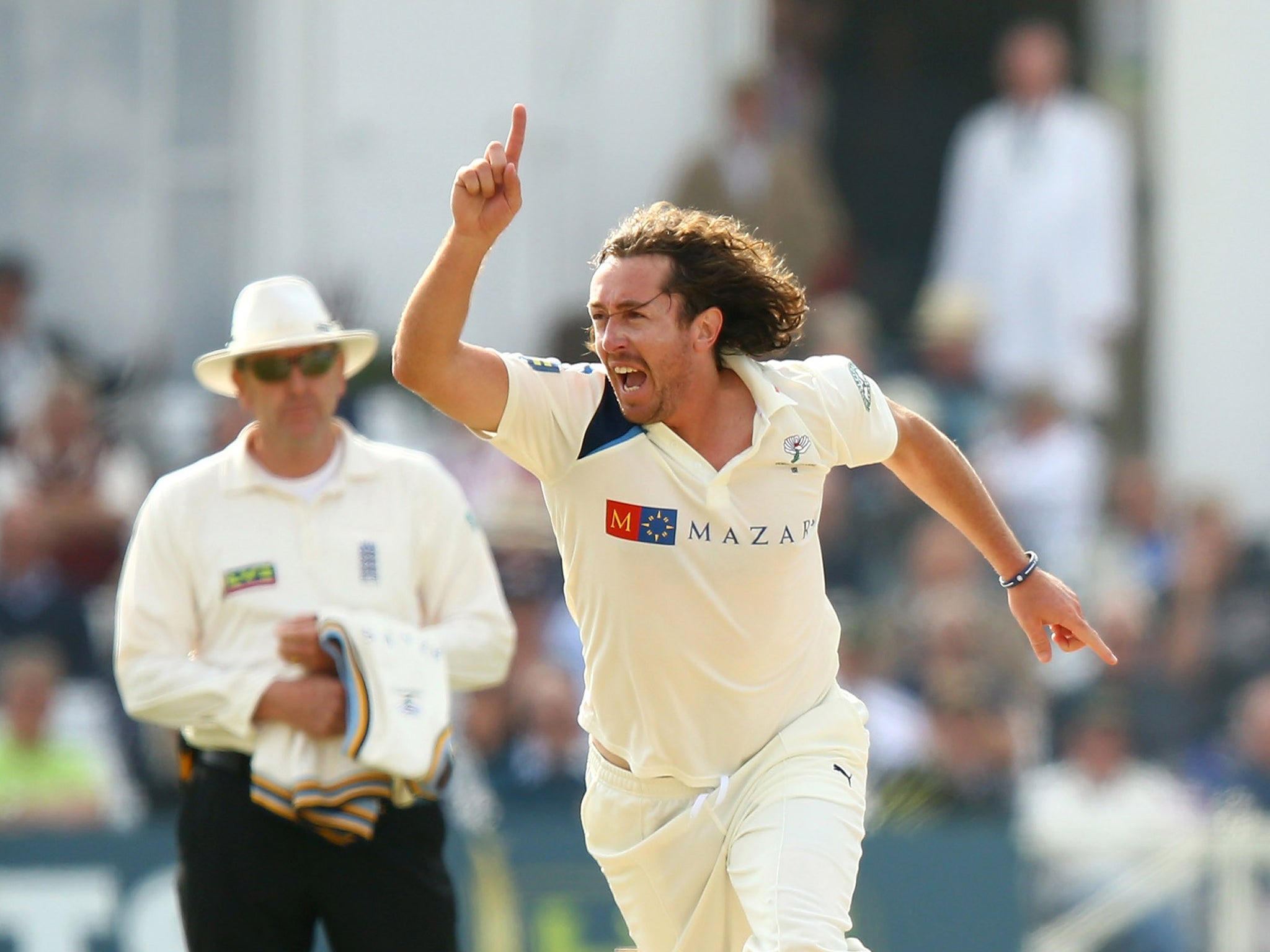 Yorkshire left-armer Ryan Sidebottom celebrates bowling Riki Wessels towards the end of the third day at Trent Bridge