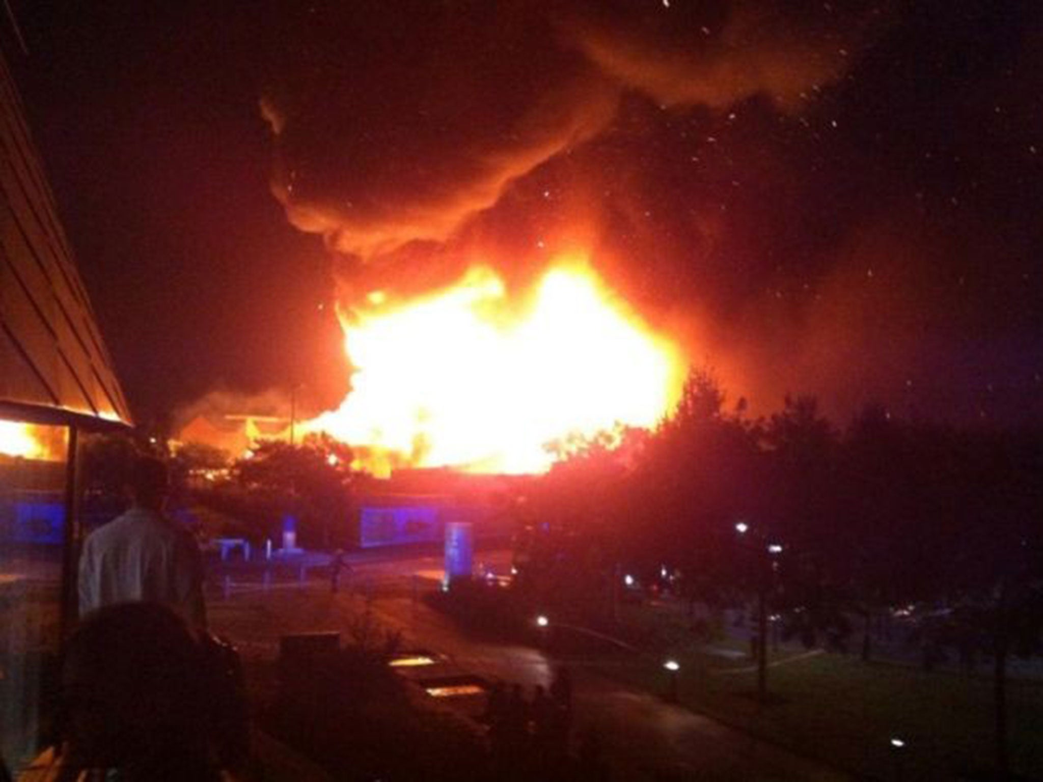 Flames stretch into the sky above the University of Nottingham's Jubilee campus