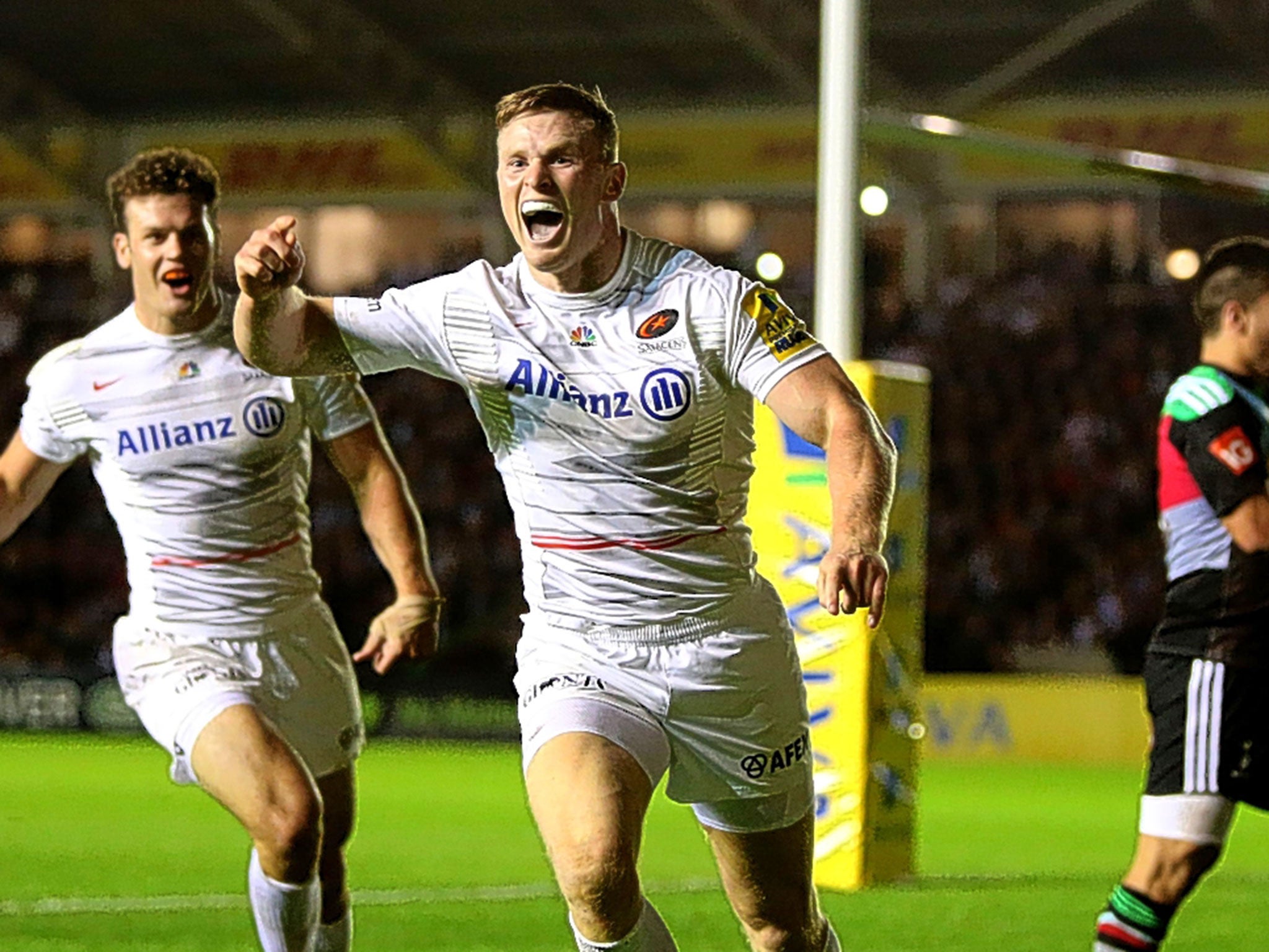 Chris Aston celebrates scoring a try against Harlequins