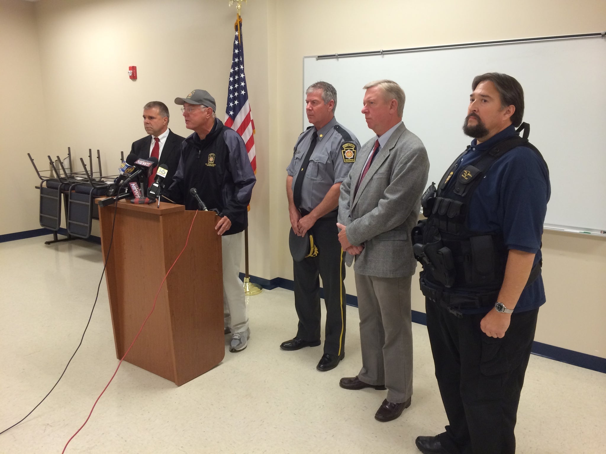 State police Commissioner Frank Noonan, addresses the media after two troopers were ambushed outside a state police barracks in northeastern Pennsylvania.