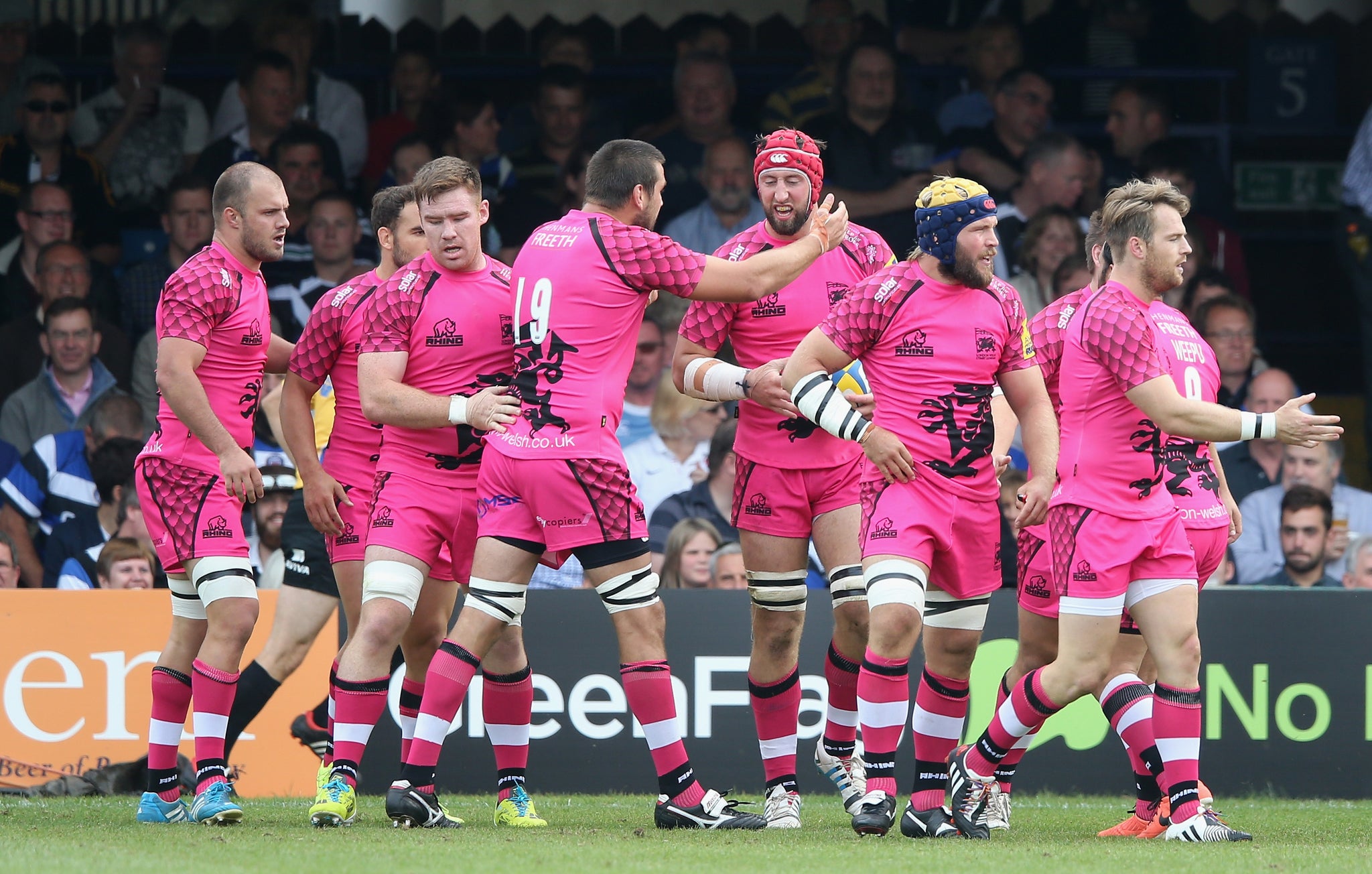 Pete Browne celebrates his try for London Welsh