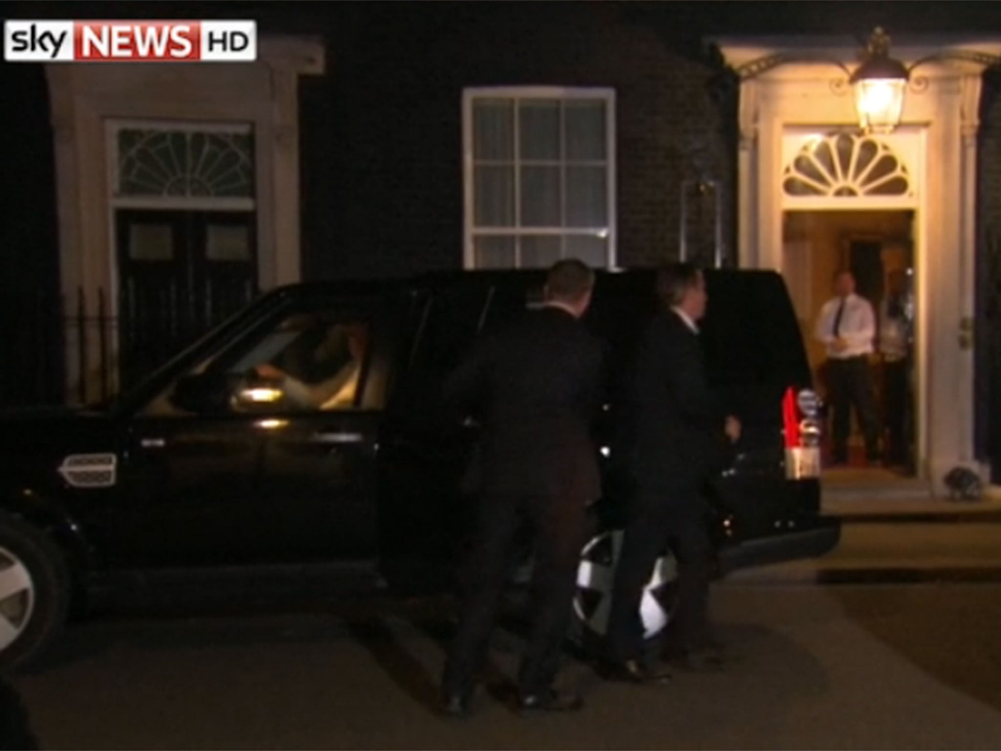 Sky News footage showed David Cameron arriving back at Downing Street after the footage emerged late on Saturday night