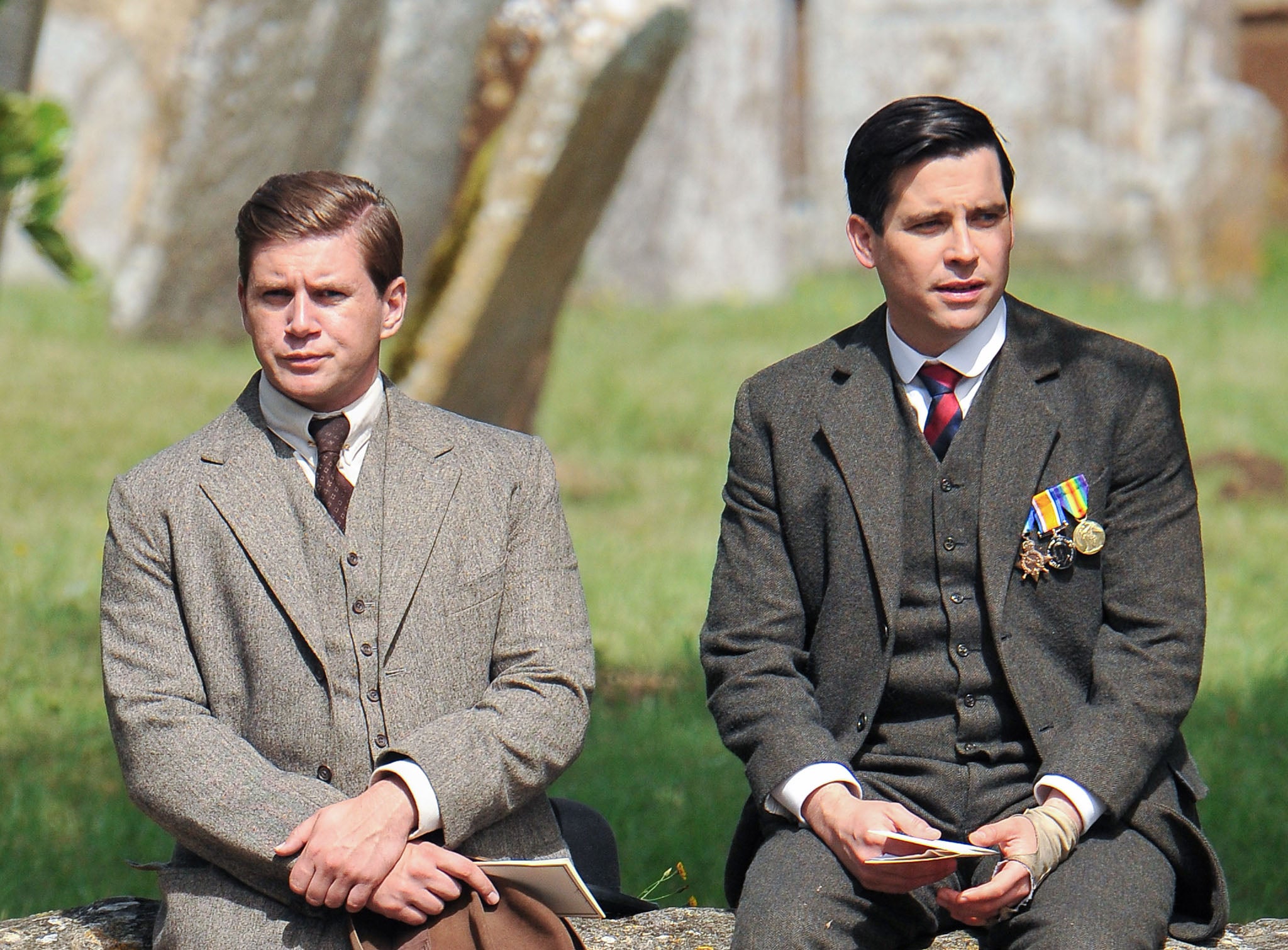 Alan Leech (Tom Branson) and Rob James-Collier (Tom Barrow) on the set of Downton Abbey in August 2014