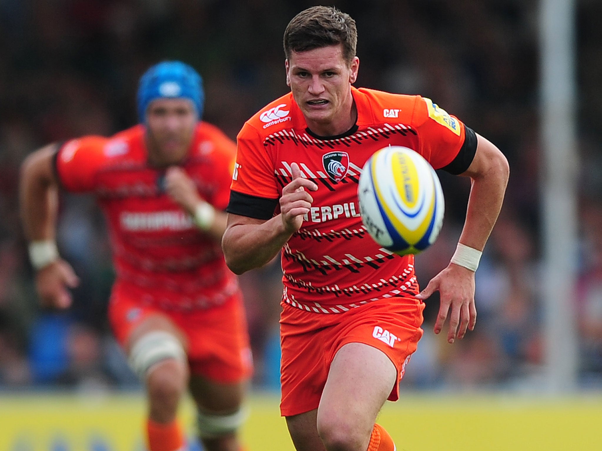 Freddie Burns of Leicester Tigers chases down a kick during the Premiership clash between Exeter and Leicester