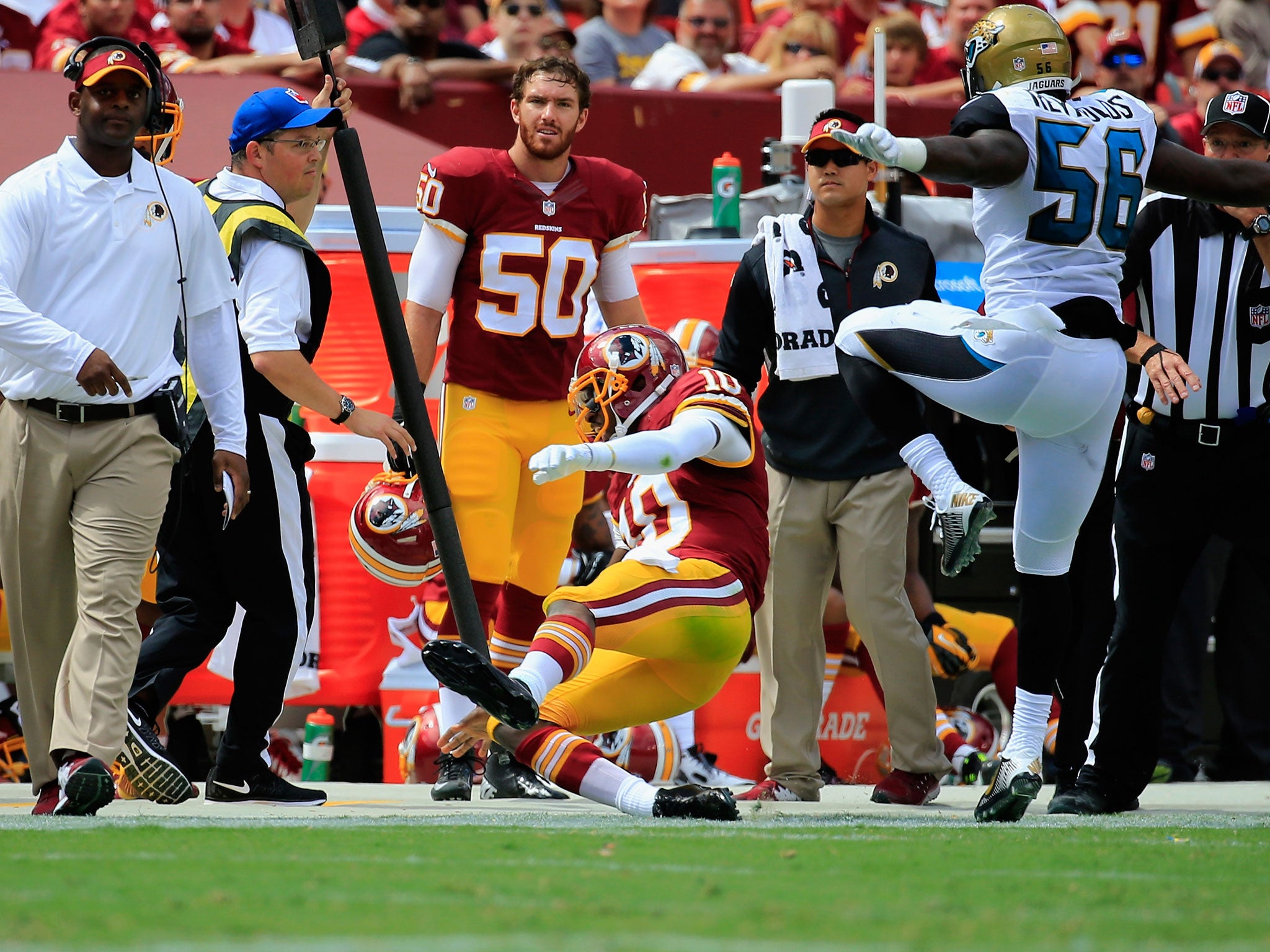 Washington Redskins quarter-back Robert Griffin III suffers a dislocated ankle against the Jacksonville Jaguars