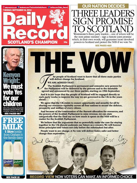 The pledge signed by David Cameron, Nick Clegg and Ed Miliband in the Daily Record