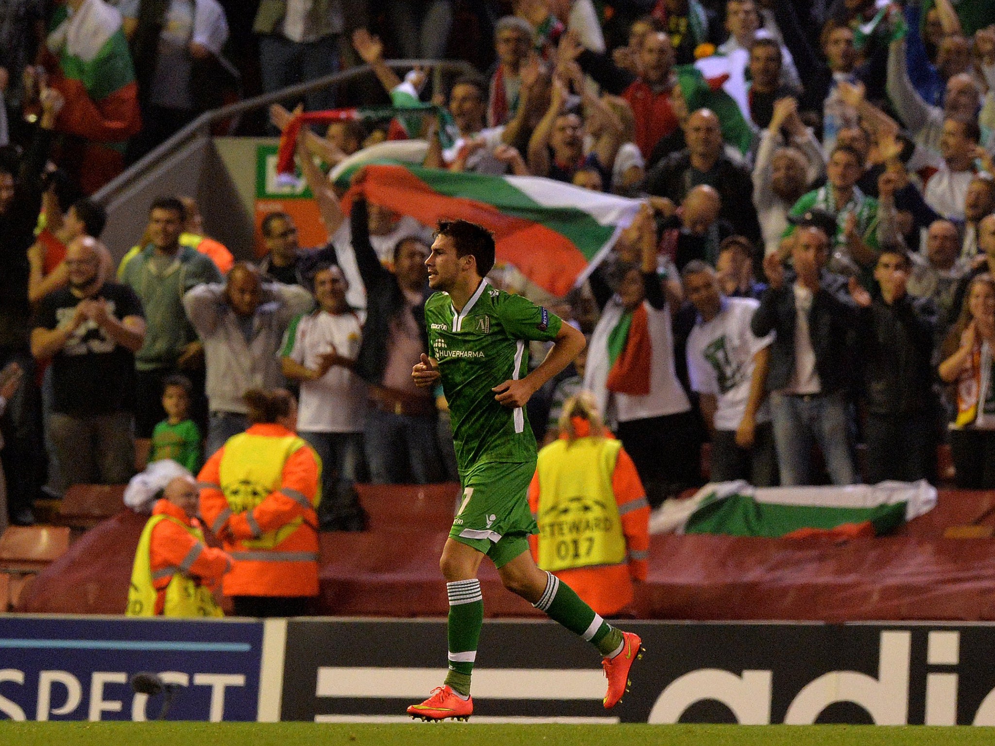 Dani Abalo celebrates his goal against Liverpool