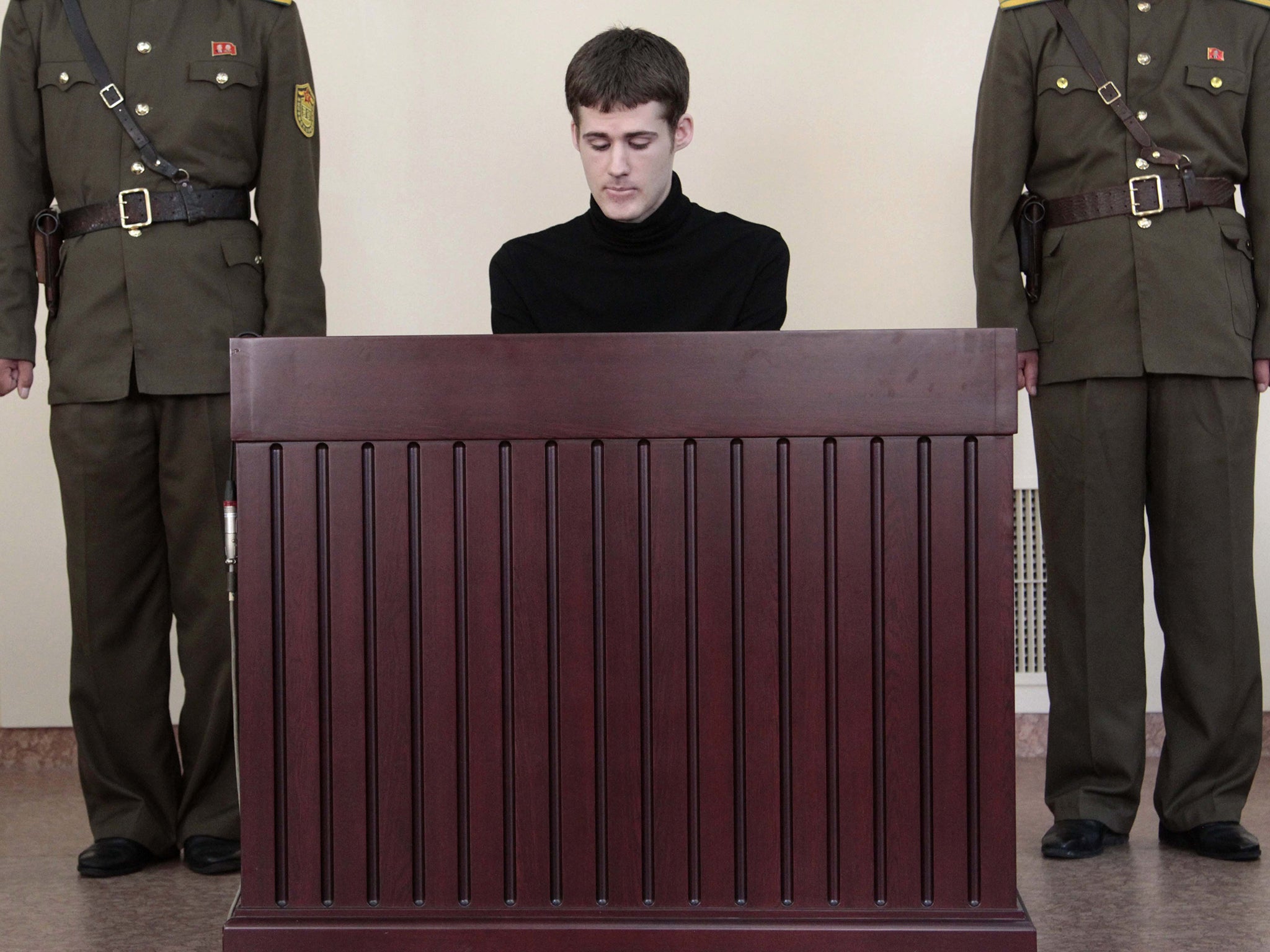 American Matthew Miller sits before the Supreme Court during his trial in Pyongyang, North Korea