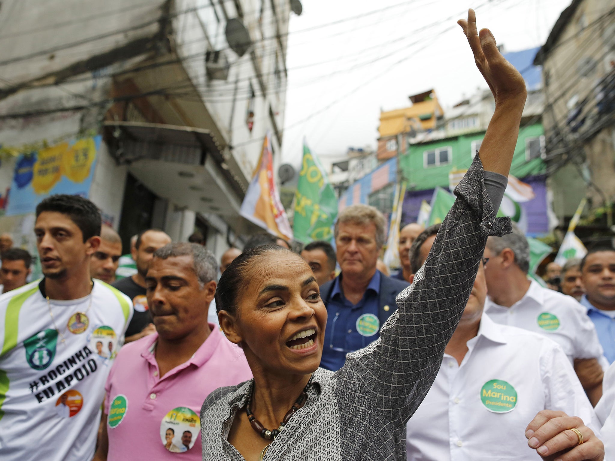 Marina Silva campaigning in the Rocinha slum of Rio de Janeiro. She was thrust into the contest on 13 August when the Socialist Party’s original candidate was killed in an plane crash