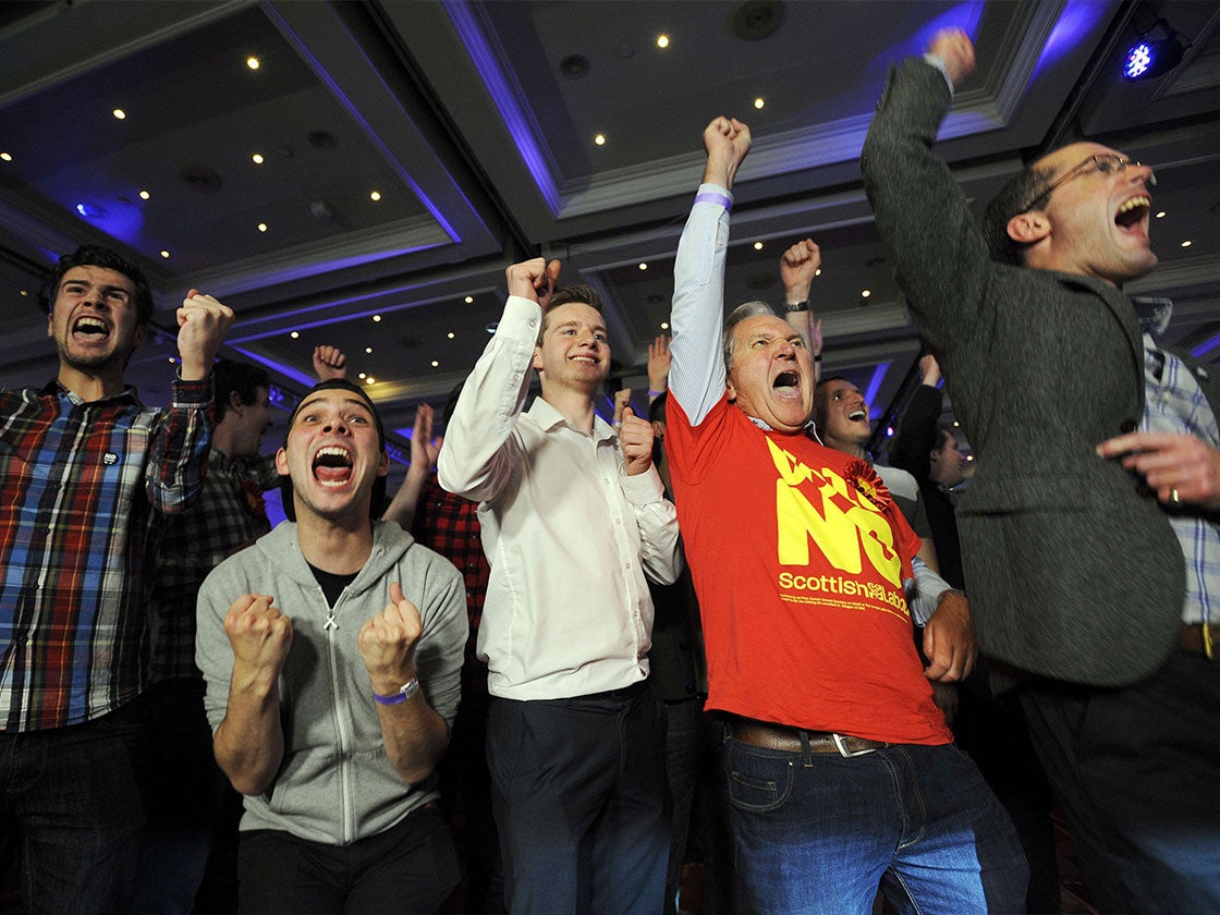 No supporters celebrate as the Glasgow result is declared. The city voted Yes, but not by a big enough margin to shift the early momentum