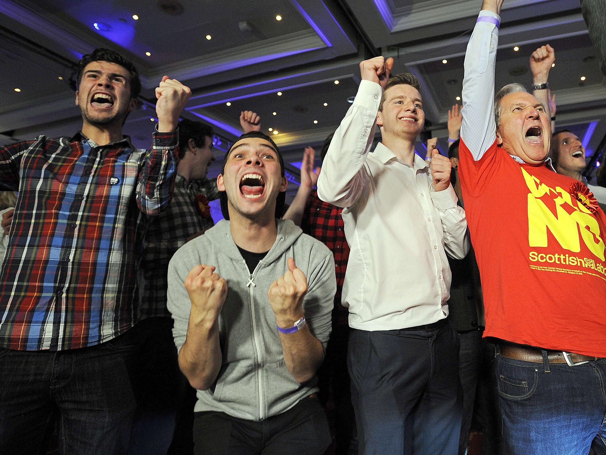 Pro-union supporters in Glasgow celebrating when the result of the Scottish independence referendum was announced in 2014