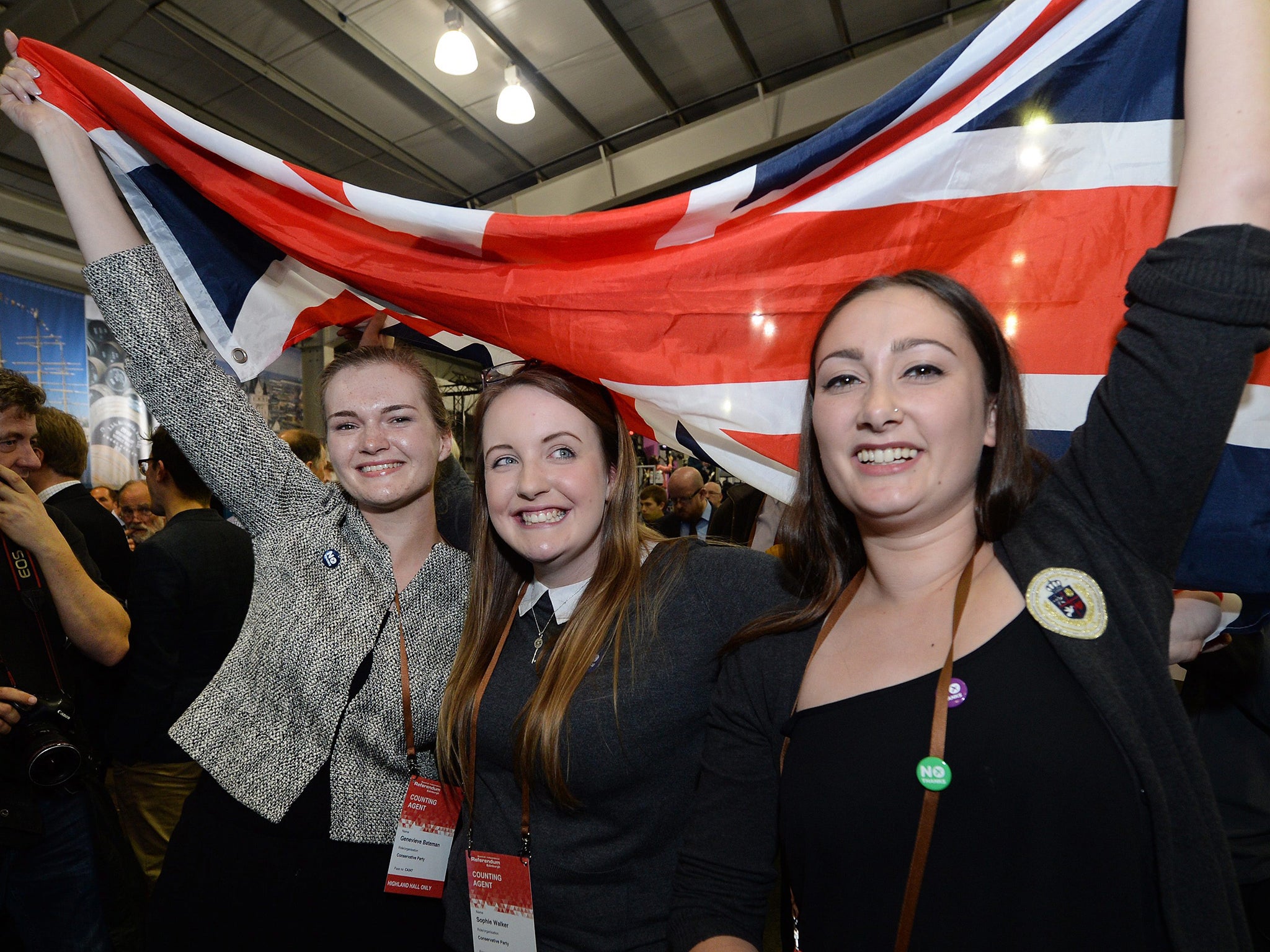 No supporters celebrate their win over the Yes campaign at the Royal Highland centre during the Scottish referendum in Edinburgh (EPA)