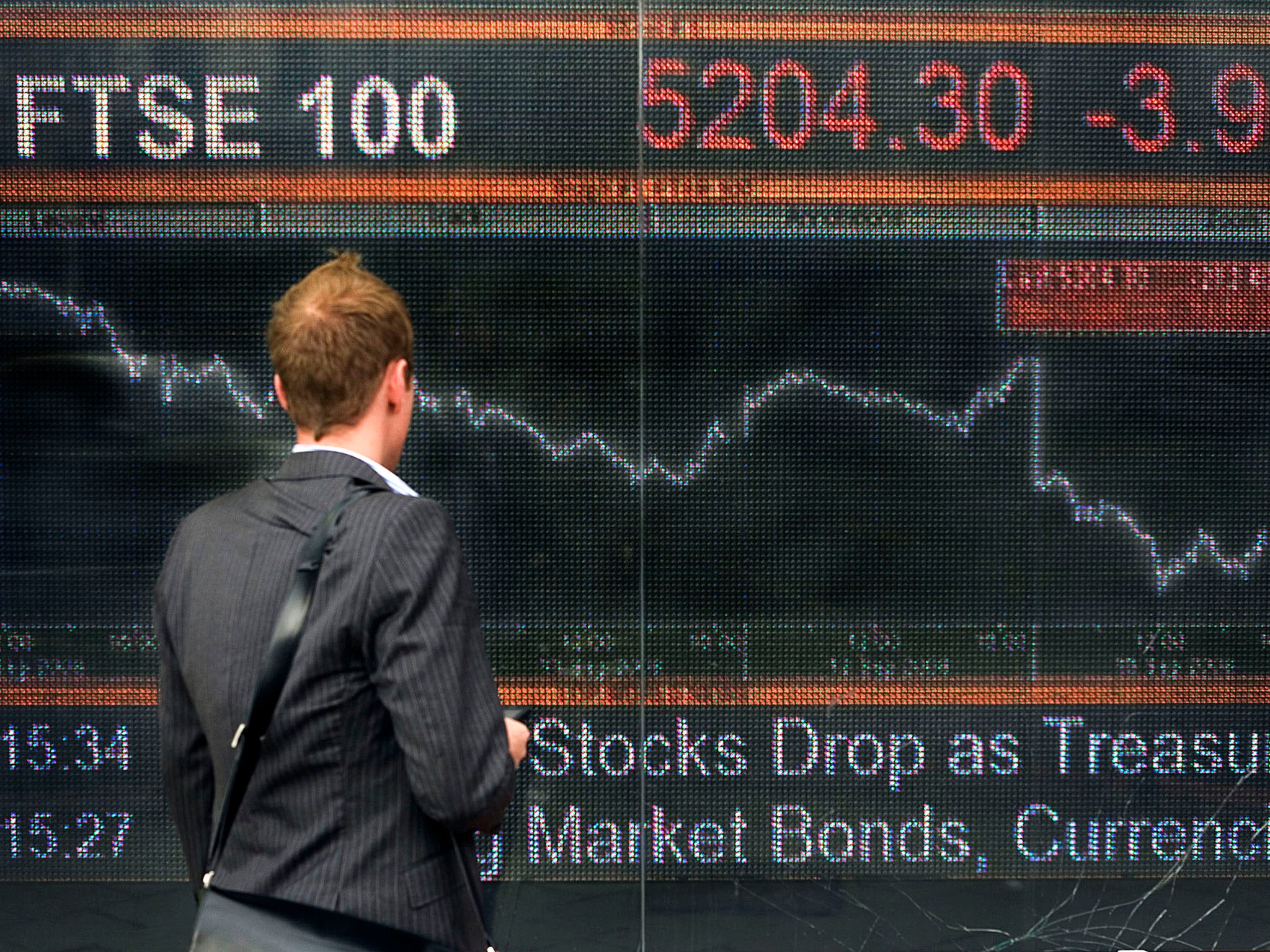 A pedestrian stops to look at a screen showing the latest FTSE 100 index in London, at the height of the credit crunch in 2008