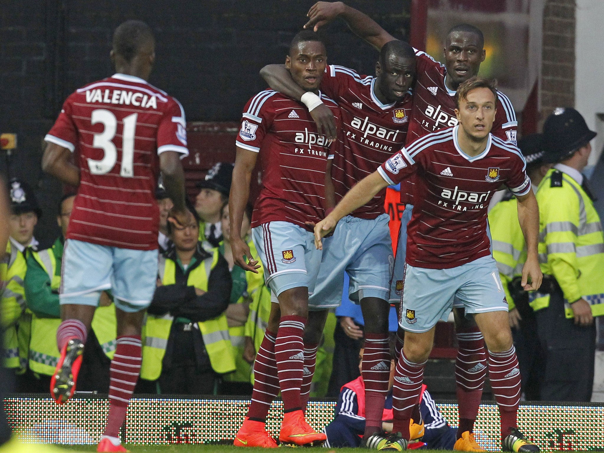 West Ham players celebrate Diafra Sakho's goal