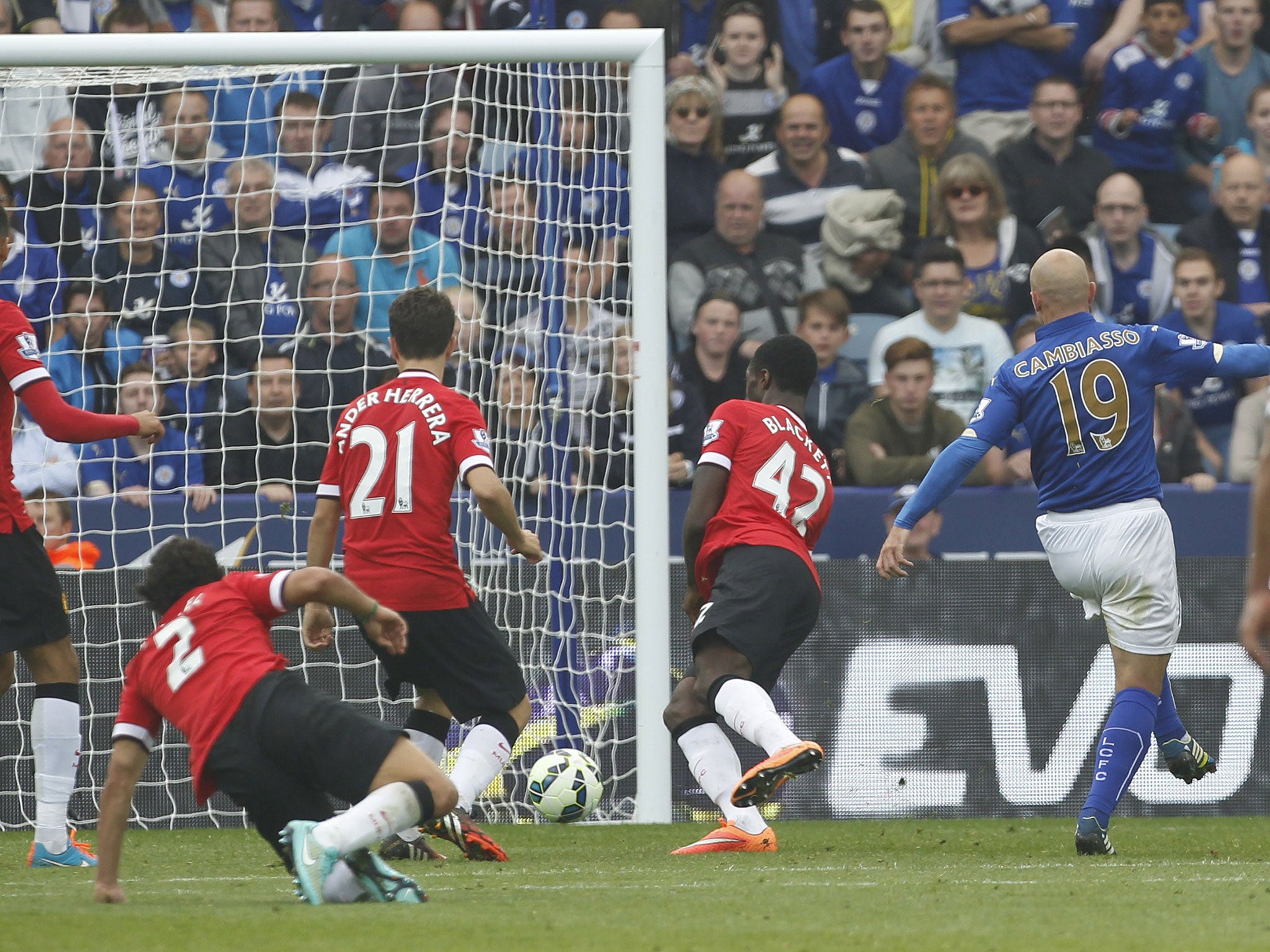 Esteban Cambiasso makes it 3-3 during Leicester's win over Manchester United in September