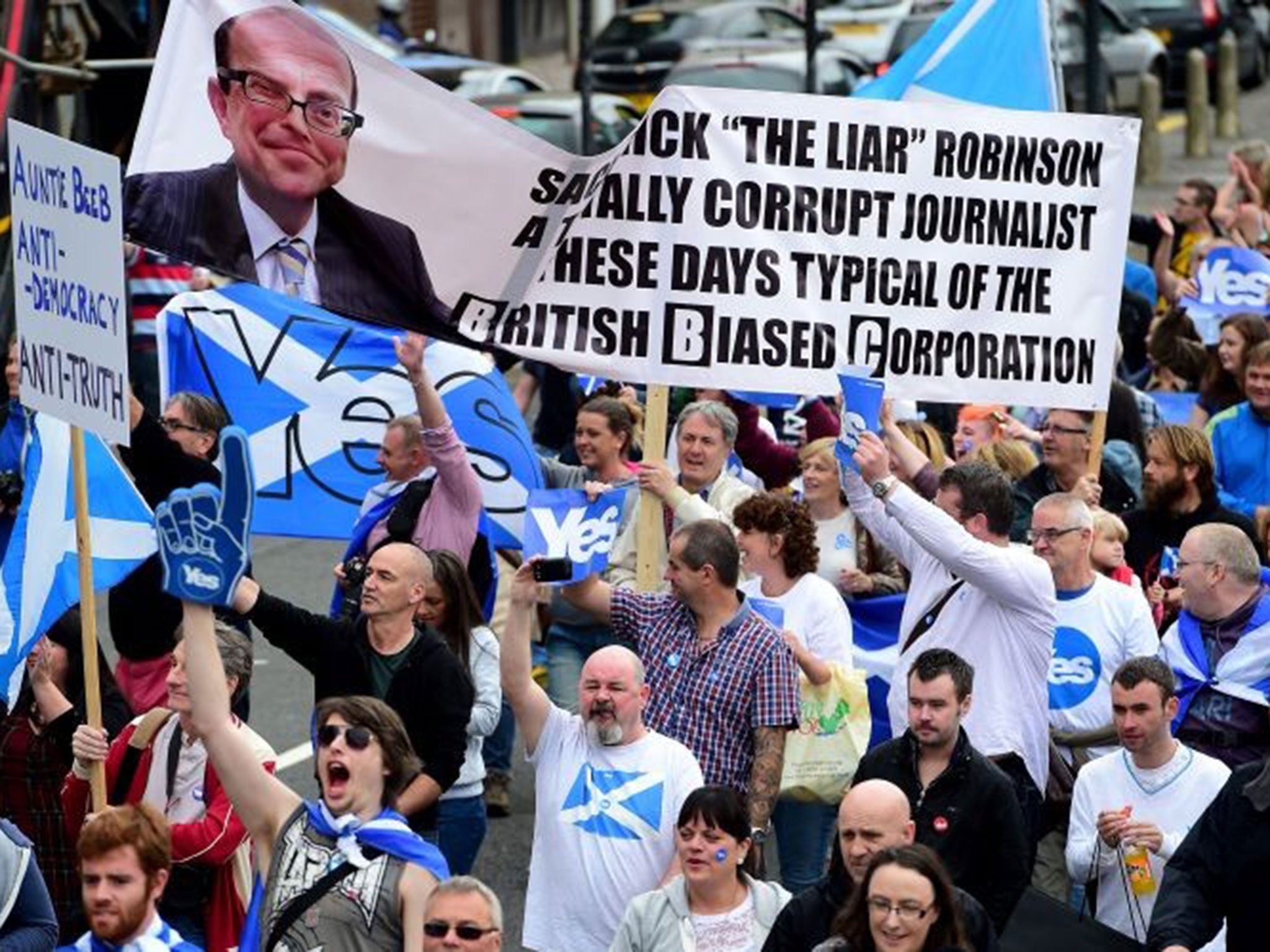 Yes supporters march to BBC Scotland’s offices in Glasgow to protest against its perceived bias