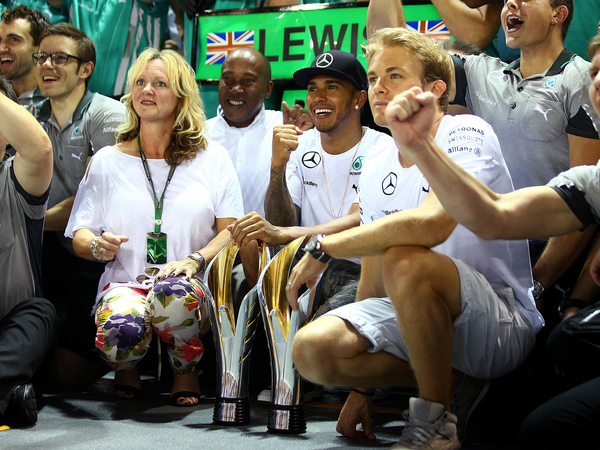Hamilton celebrated with teammate Rosberg