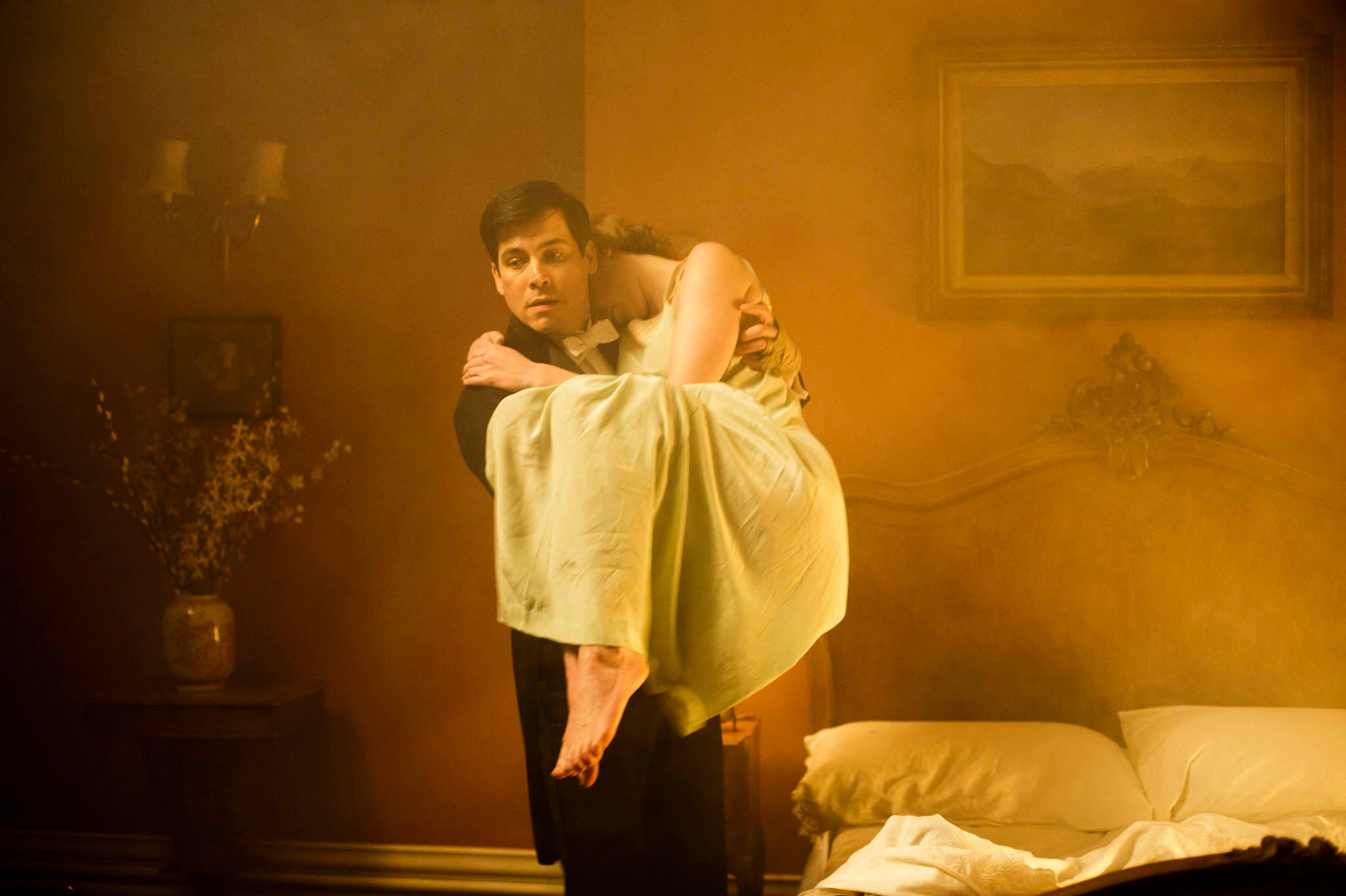 Thomas carried Lady Edith over the flames in her bedroom in Downton Abbey series five