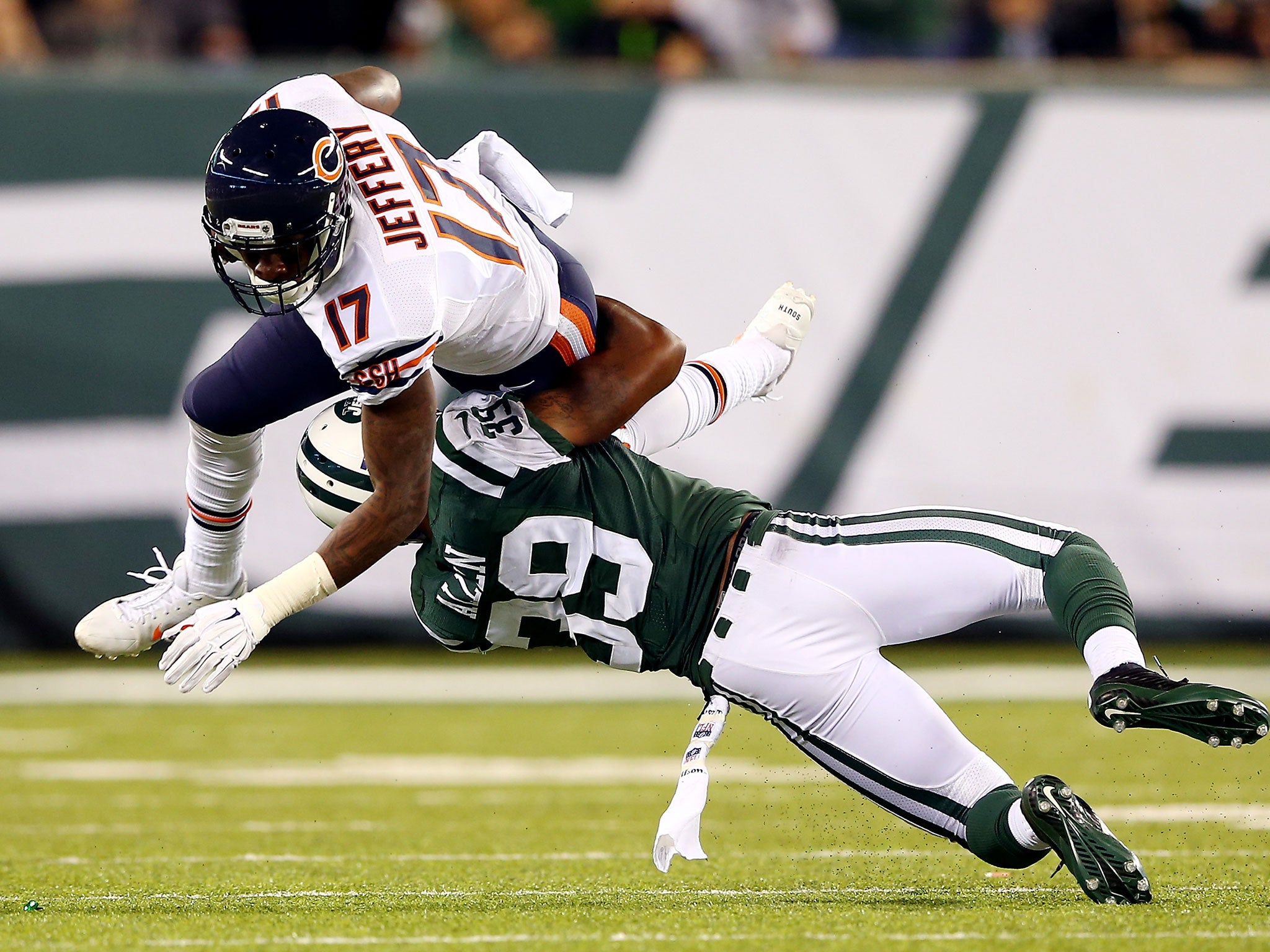 Wide receiver Alshon Jeffery of the Chicago Bears is tackled by free safety Antonio Allen of the New York Jets