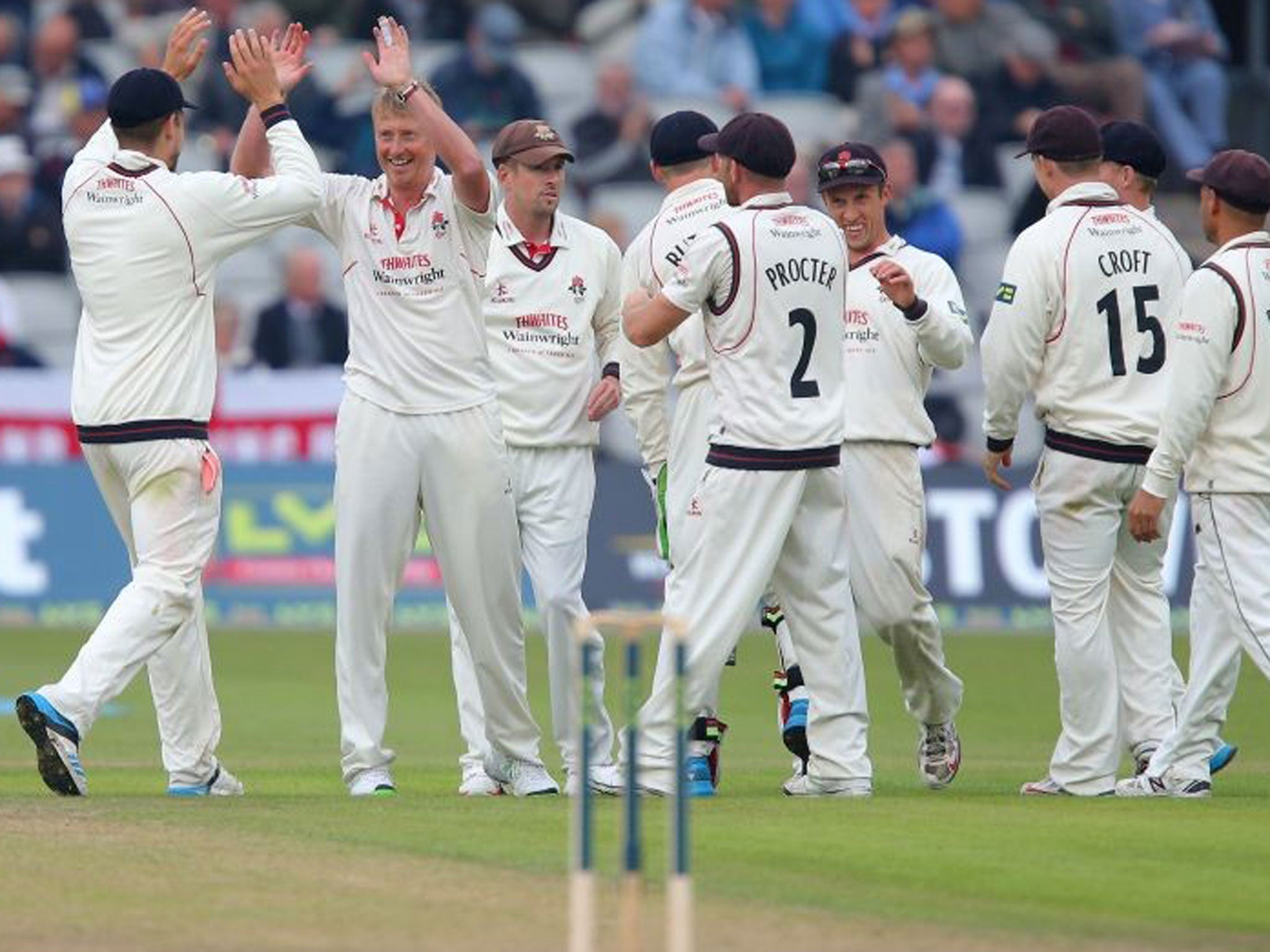 Glen Chapple celebrates after bowling out Tim Murtagh