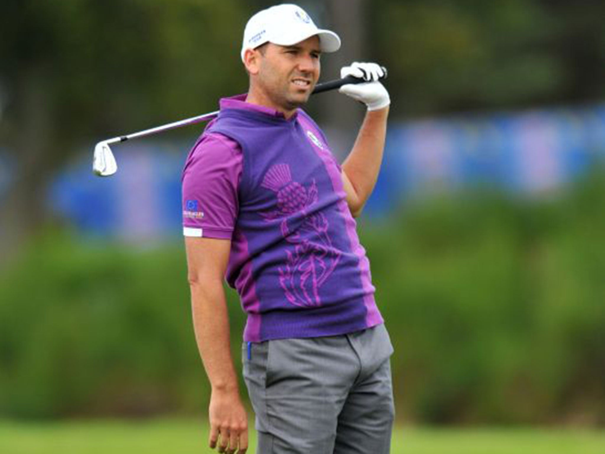 Sergio Garcia watches an approach shot during a practice round at Gleneagles on Wednesday