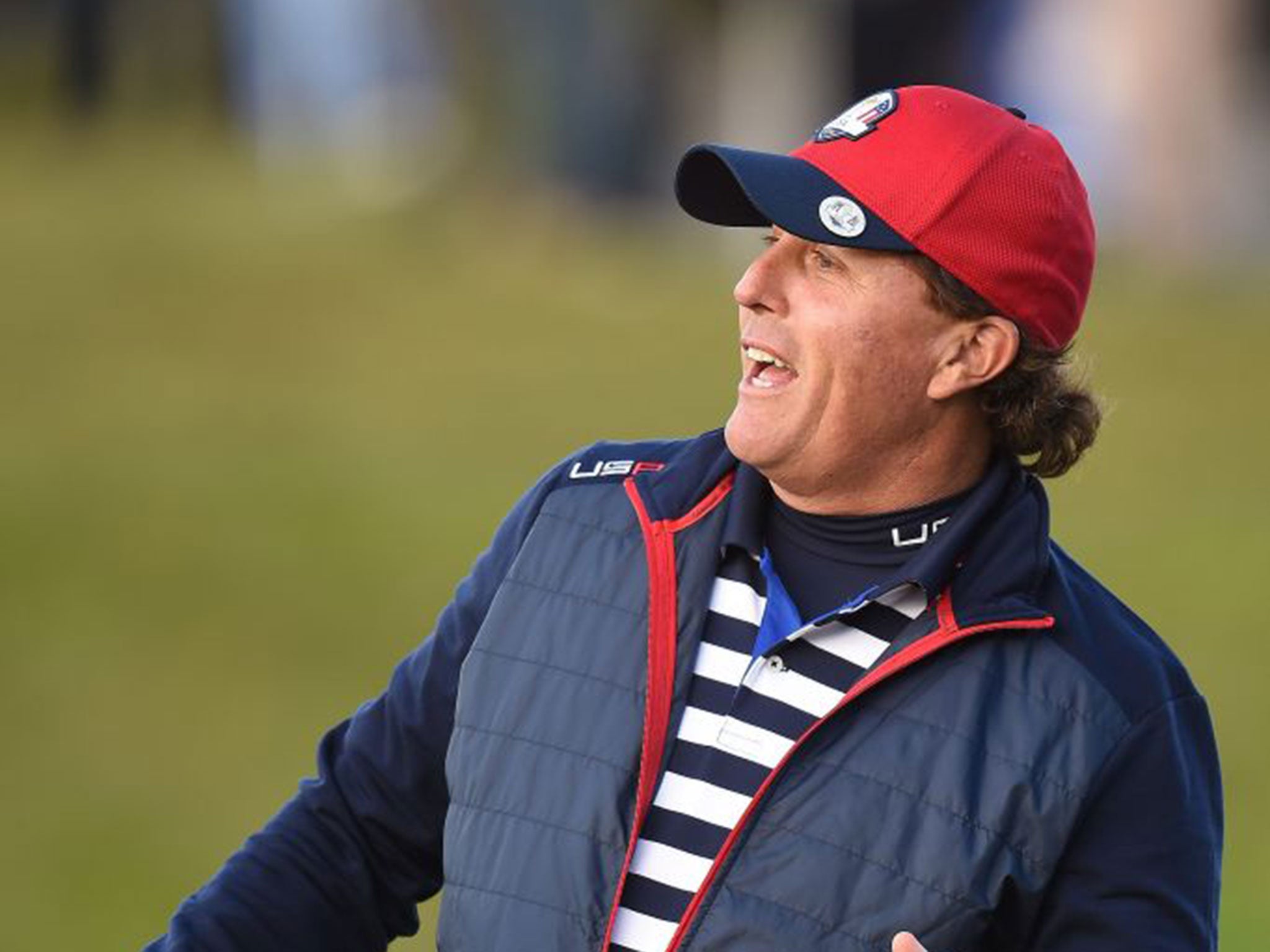 American veteran Phil Mickelson reacts during the second day of official practice at Gleneagles on Wednesday