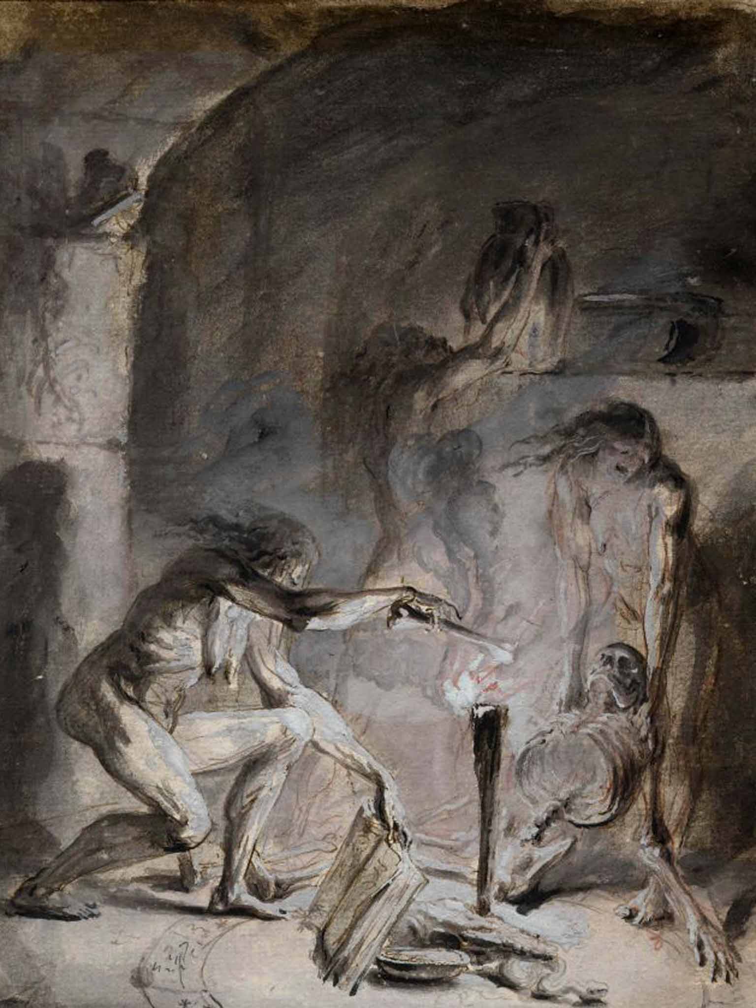 A witchcraft painting by Luis Paret y Alcazar, depicting three nudes including a female, left, holding a bone above a flame, circa 1780