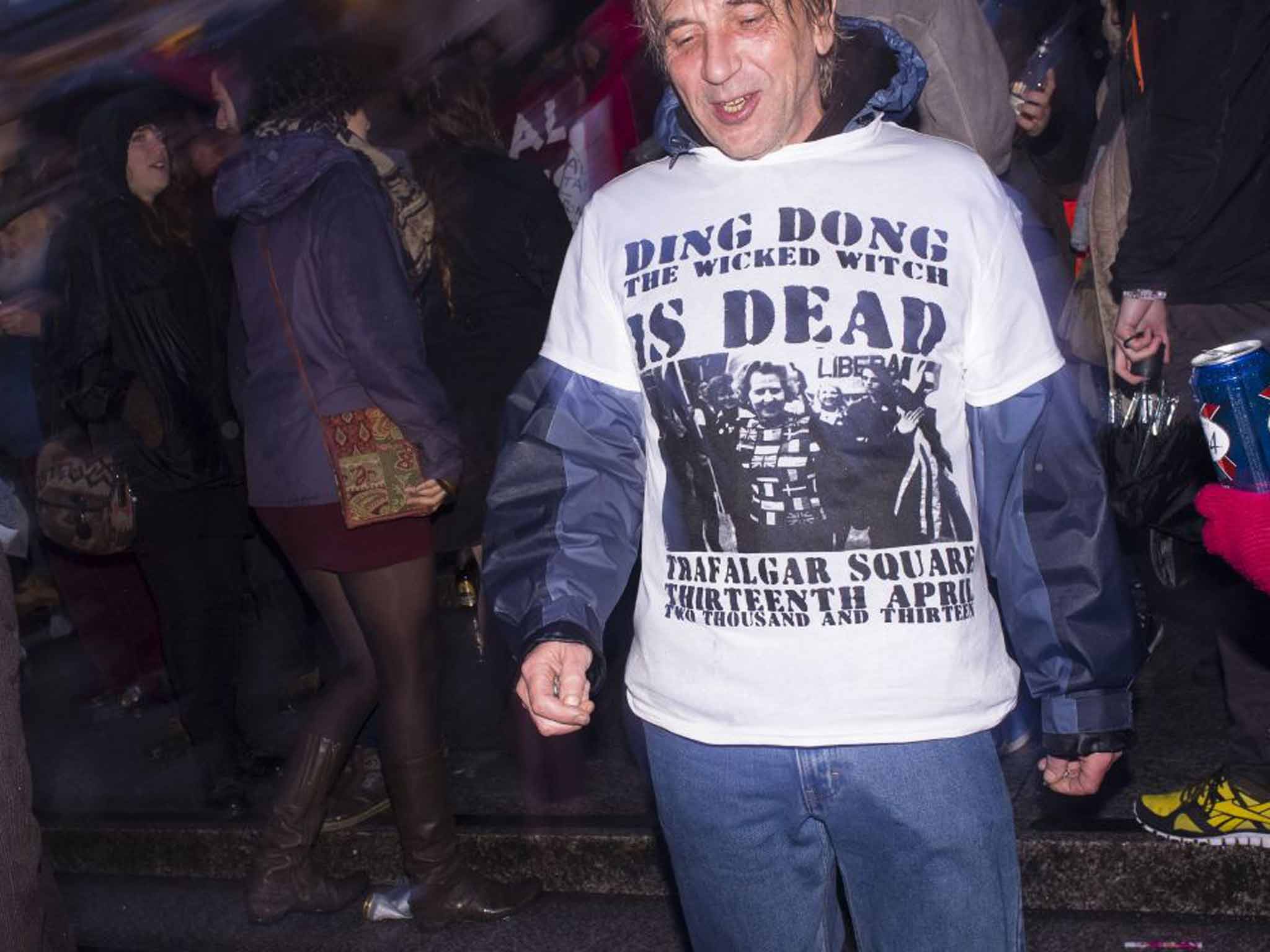 An anti-Thatcher demonstrator celebrates her death, 2013 (Rex)