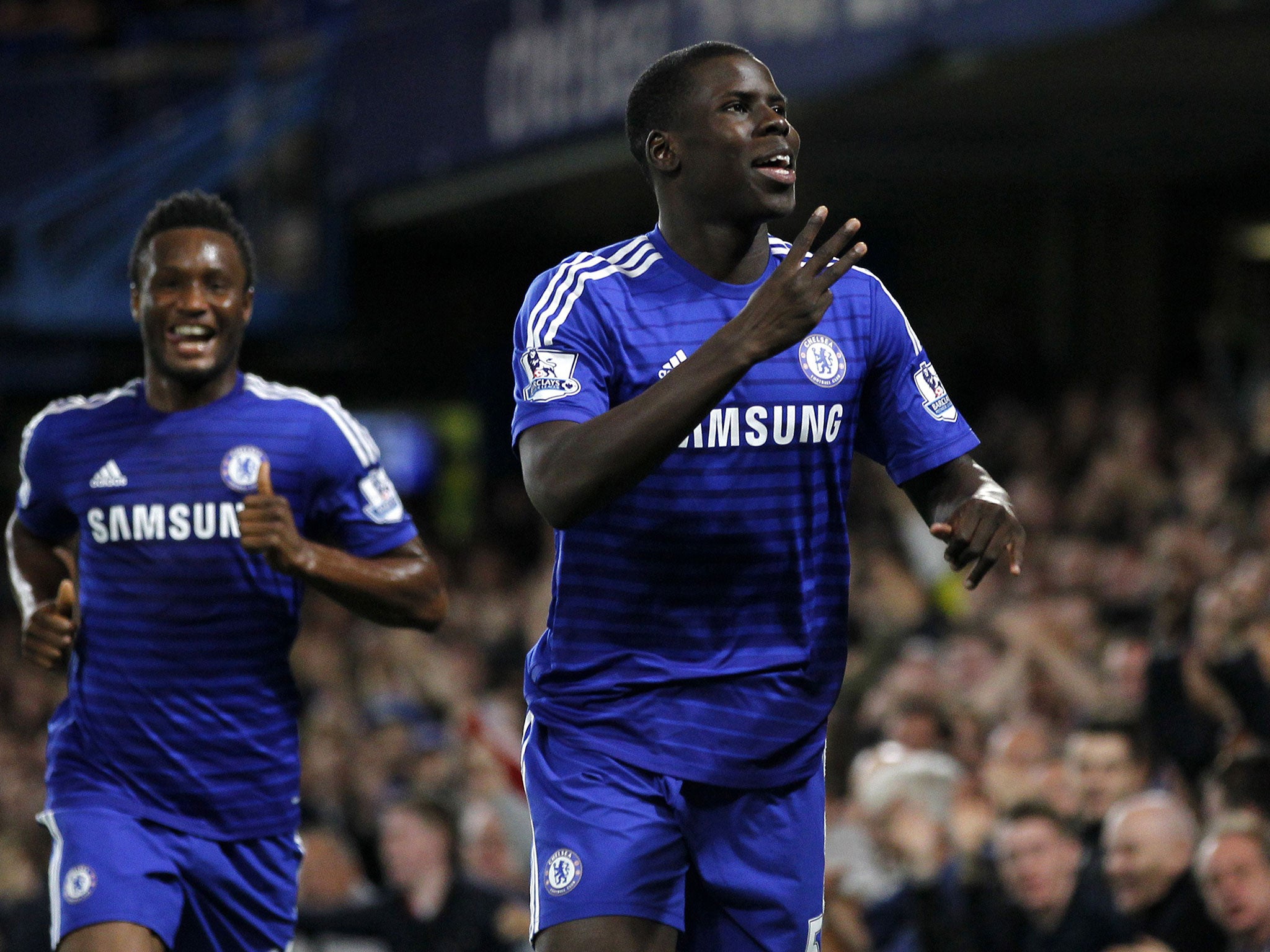 Zouma celebrates scoring for Chelsea