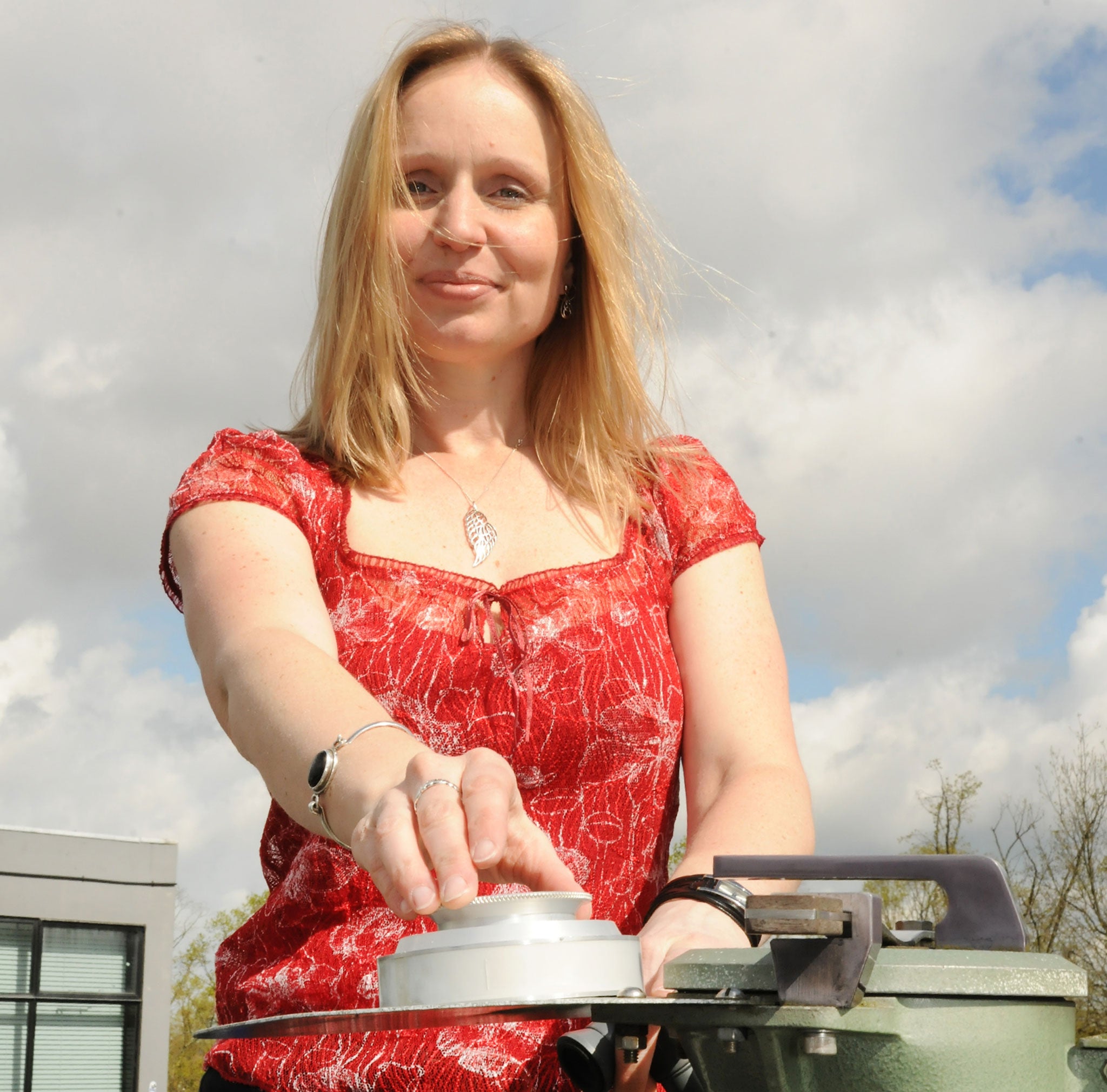 Dr Catherine Pashley with pollen traps at the University of Leicester