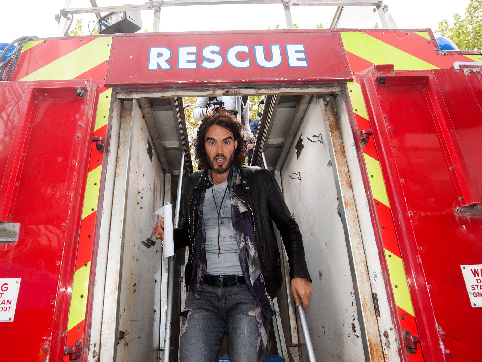 Russell Brand joined fire fighters union FBU to speak at an anti-cuts event in Southbank, London on 26 September