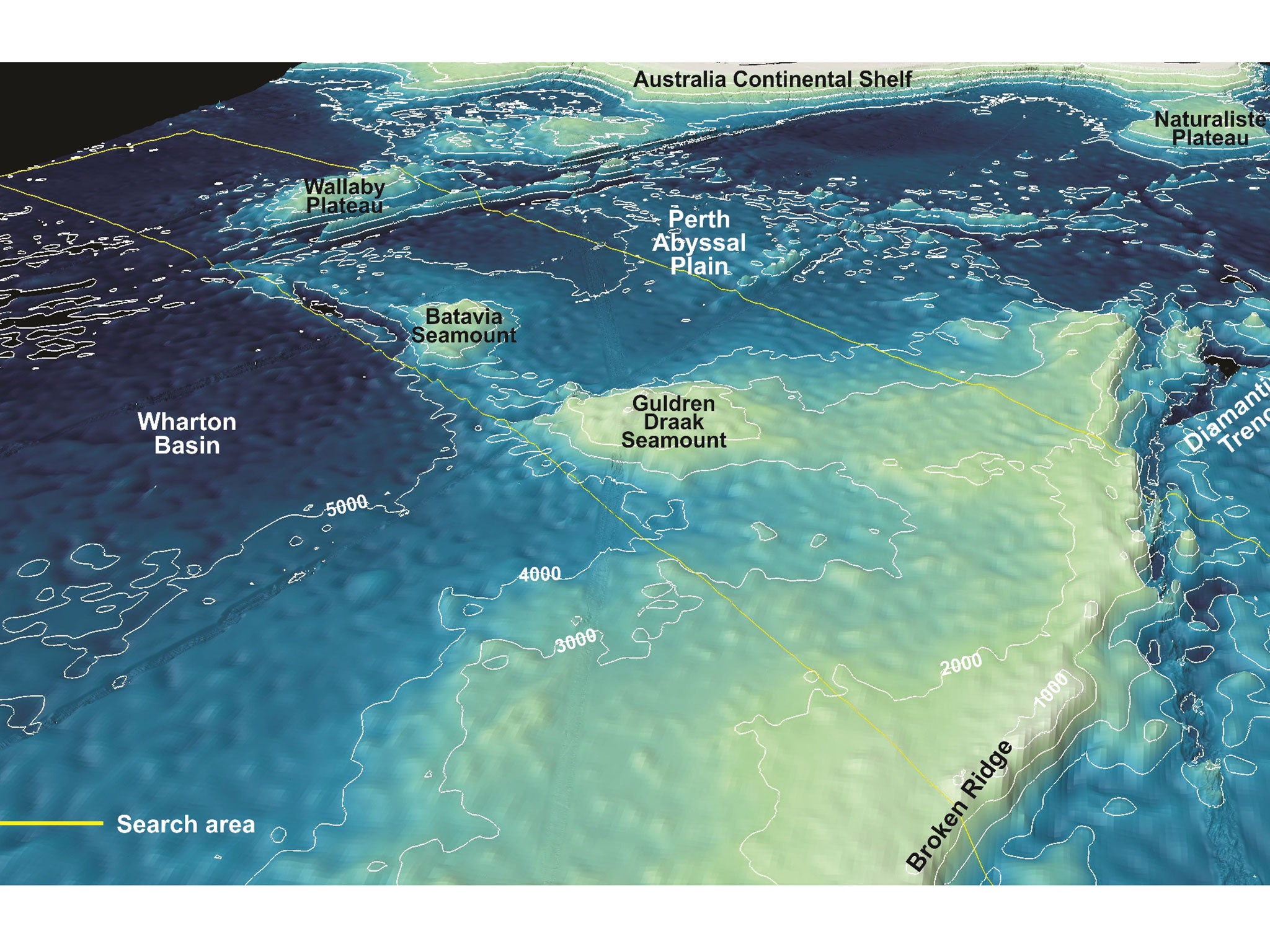 The yellow line maps the size of the search area for the missing Malaysia airlines plane