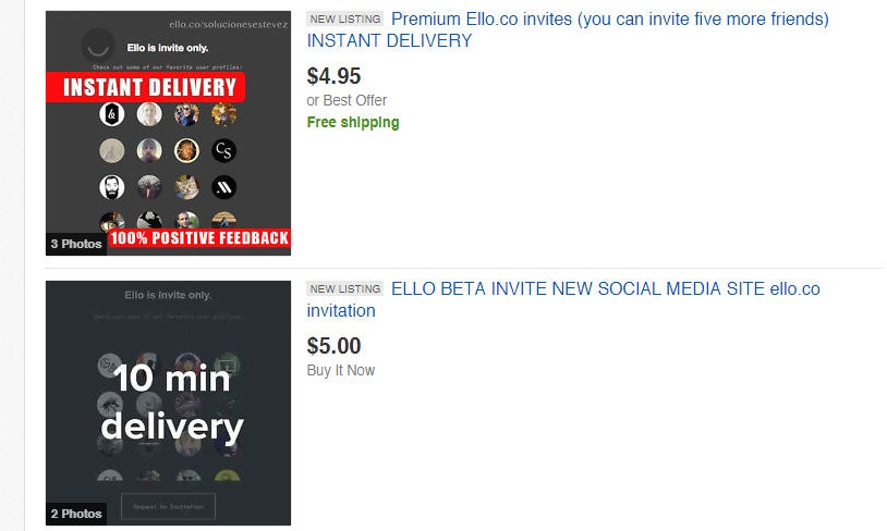 Ello invites for sale on eBay because people love buying free stuff.