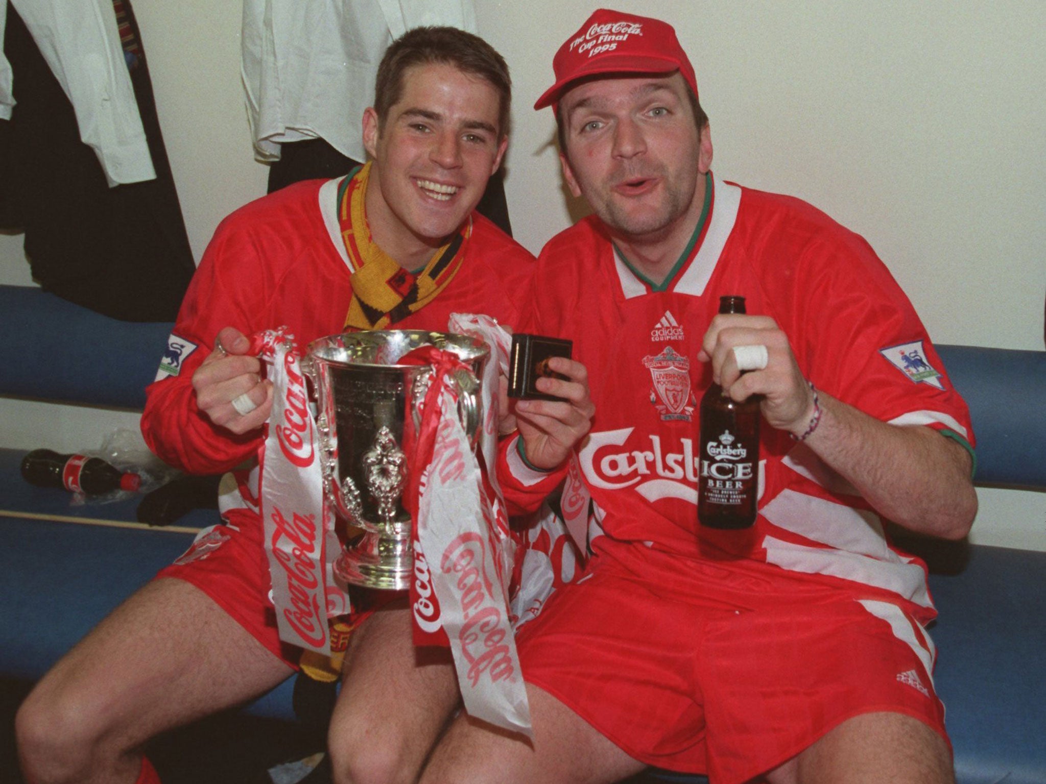 Neil Ruddock and Jaime Redknapp after winning the 1994 League Cup