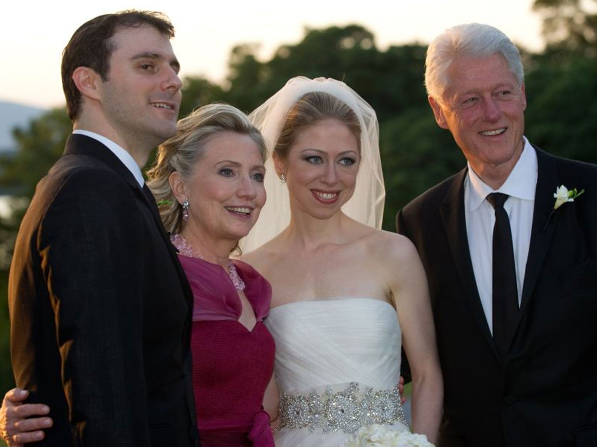 Marc Mezvinsky, Hillary Clinton, Chelsea Clinton and Bill Clinton during their 2010 wedding in New York