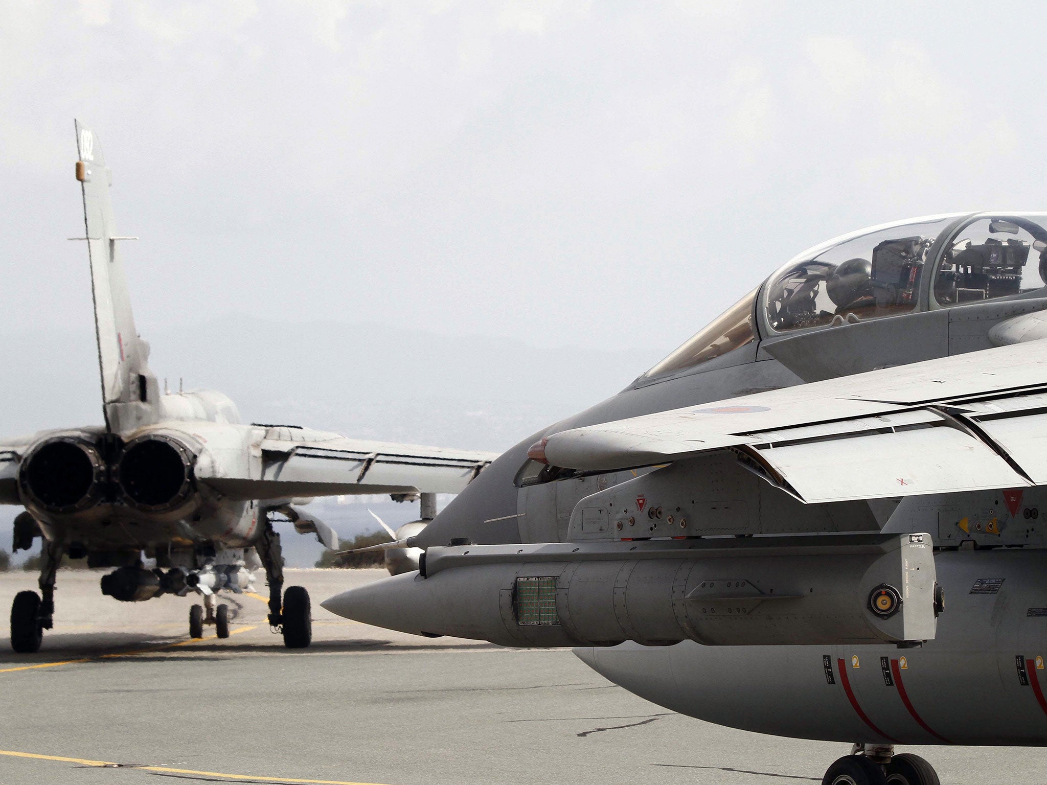 Royal Air Force Tornado GR4 fighter jets prepare to take off