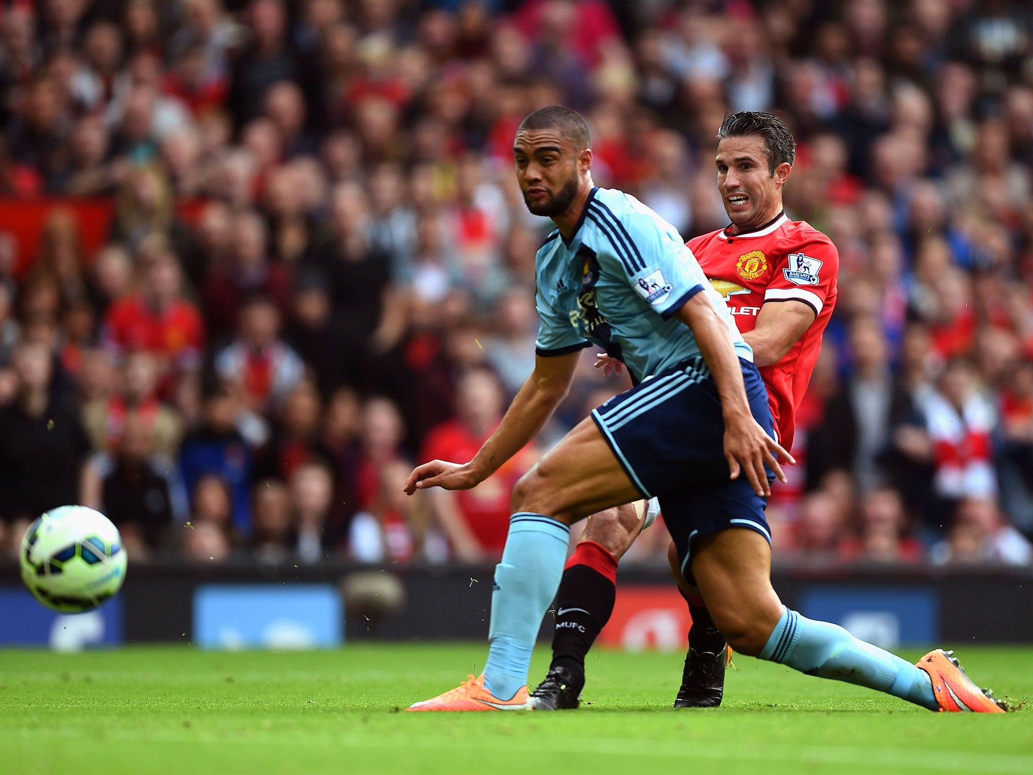 Robin van Persie scores the second against West Ham