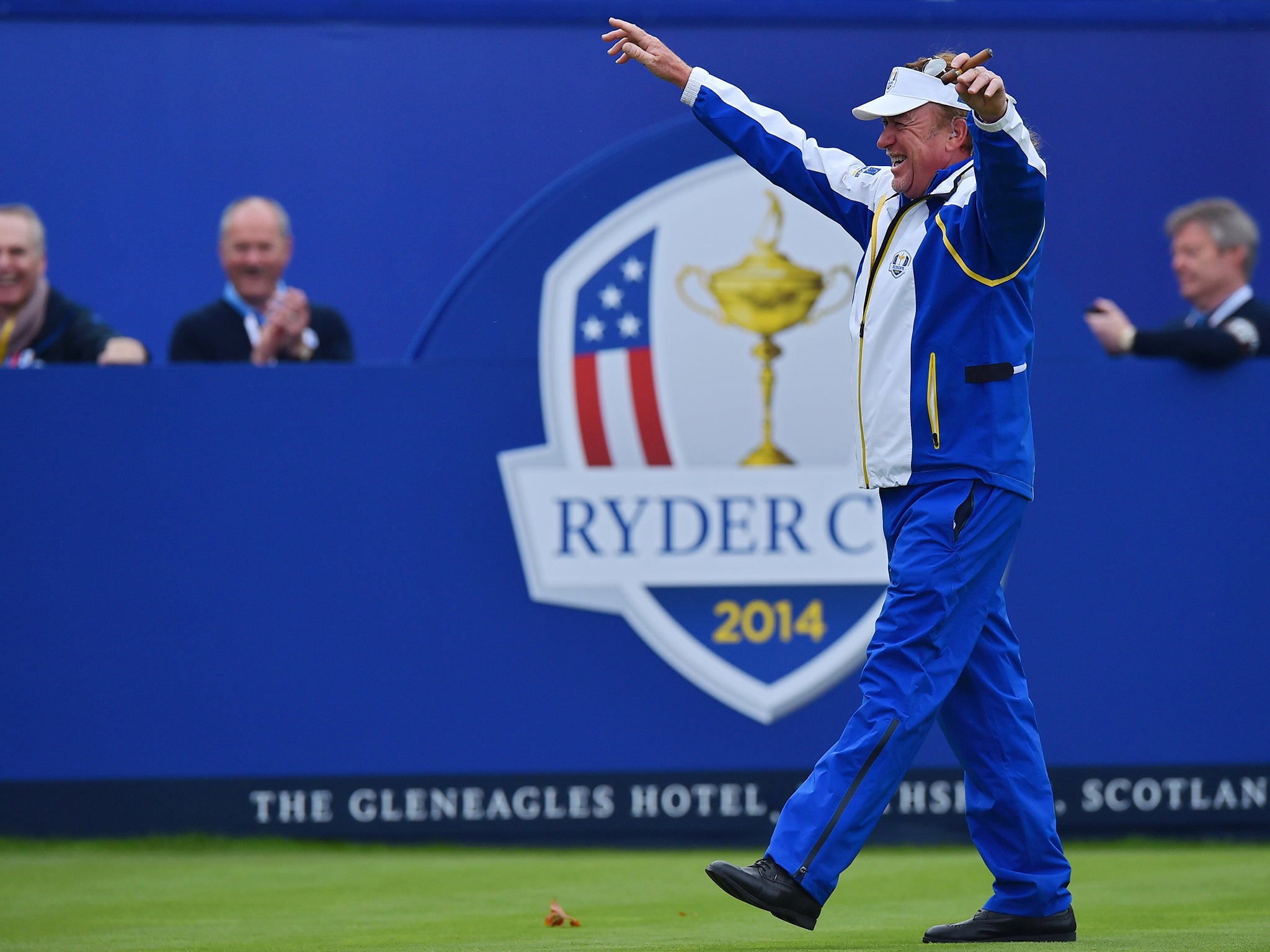 Vice Captain of Team Europe Miguel Angel Jimenez of Spain dances for the crowd on the first tee