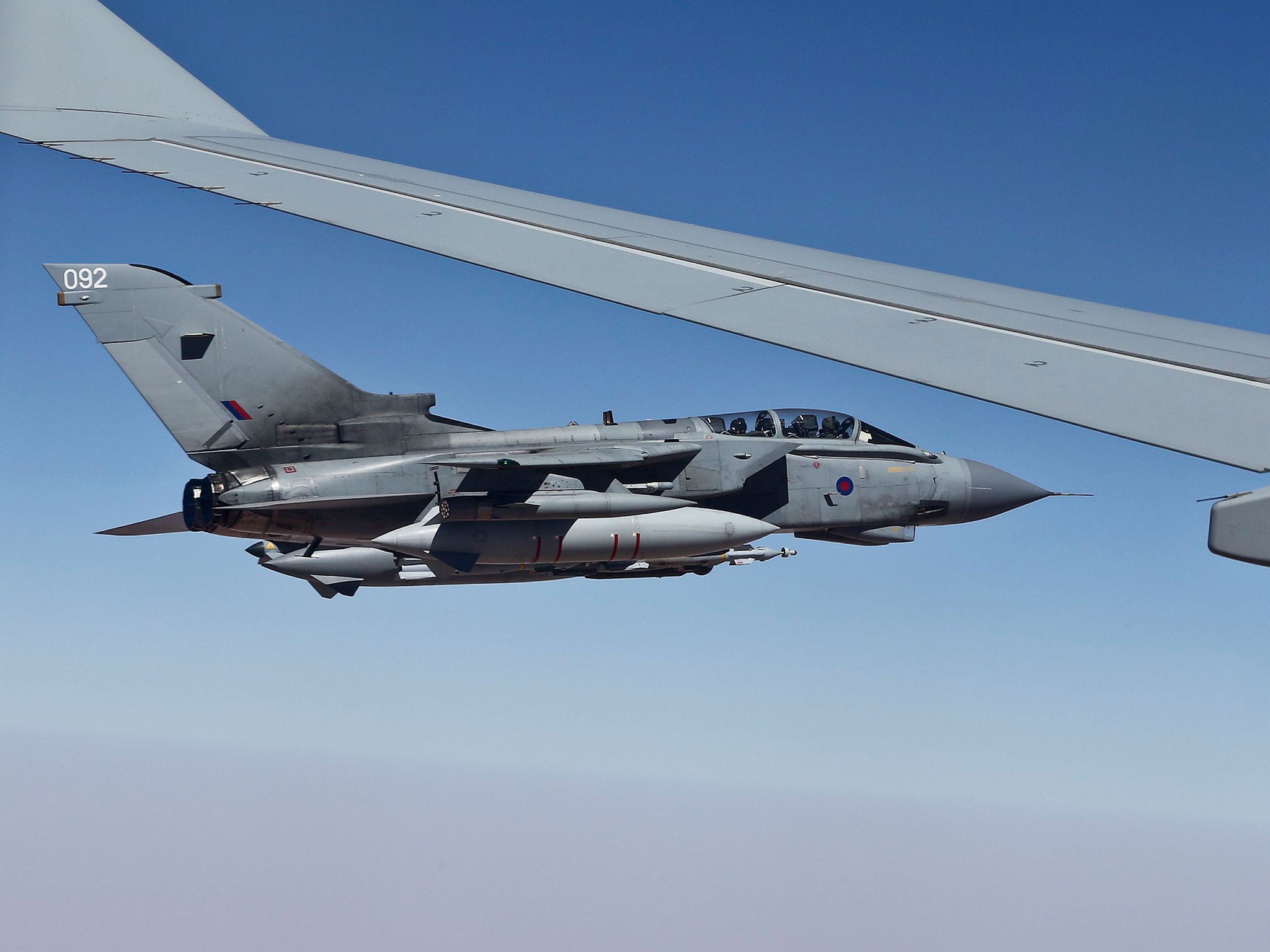 A Tornado GR4 alongside a Voyager refuelling aircraft during the RAF’s first combat mission against Isis in northern Iraq last year