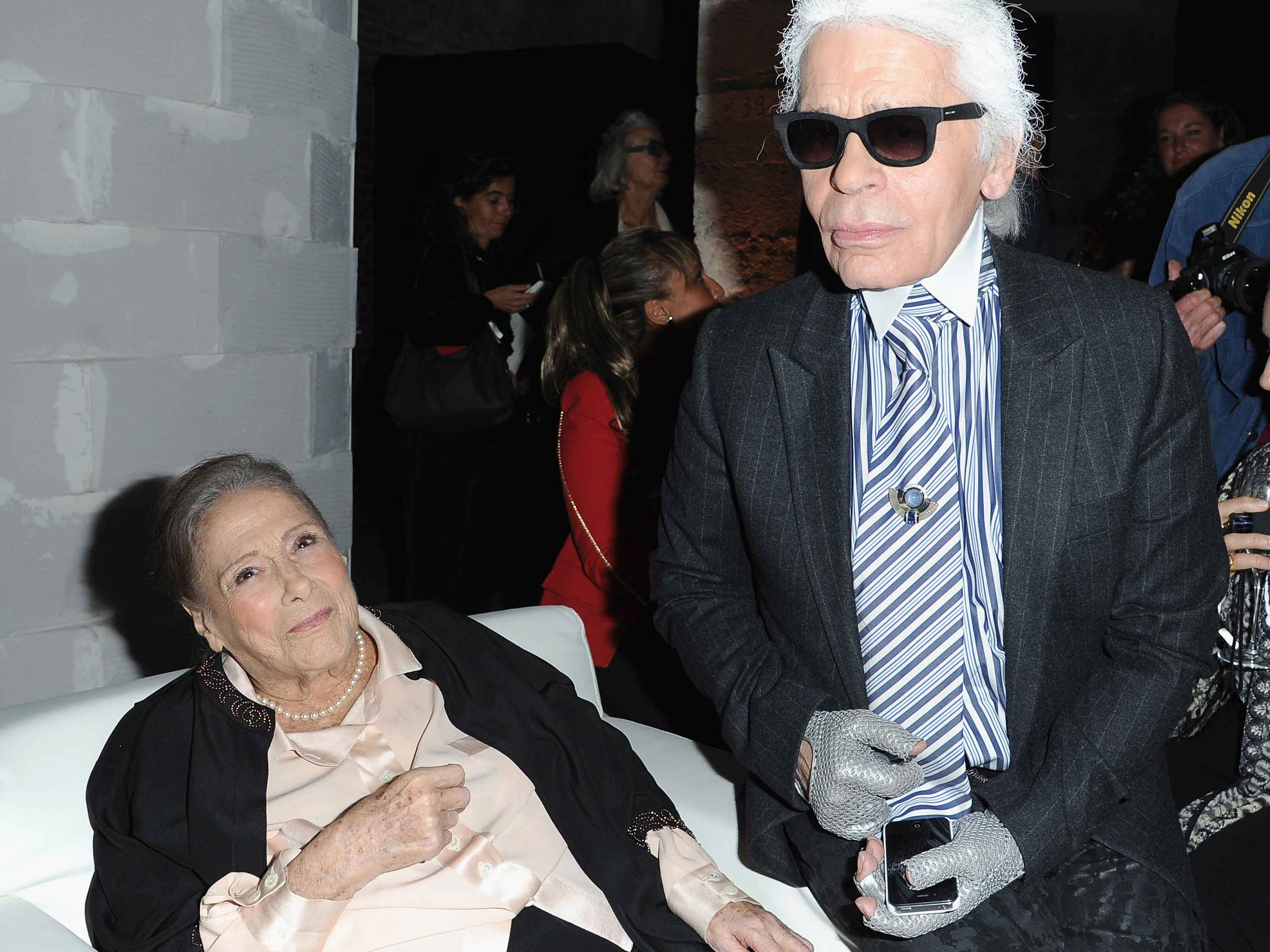 Gaby Aghion with Karl Lagerfeld at the Chloe 60th anniversary celebration