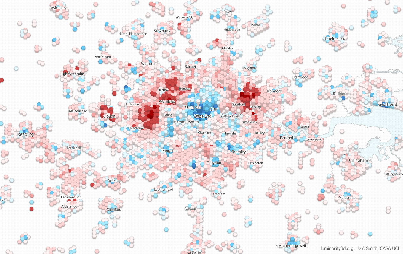 LuminoCity3D is an interactive map detailing key performance indicators between UK cities, such as here, showing the average household size (dark red is round 4.3 persons)