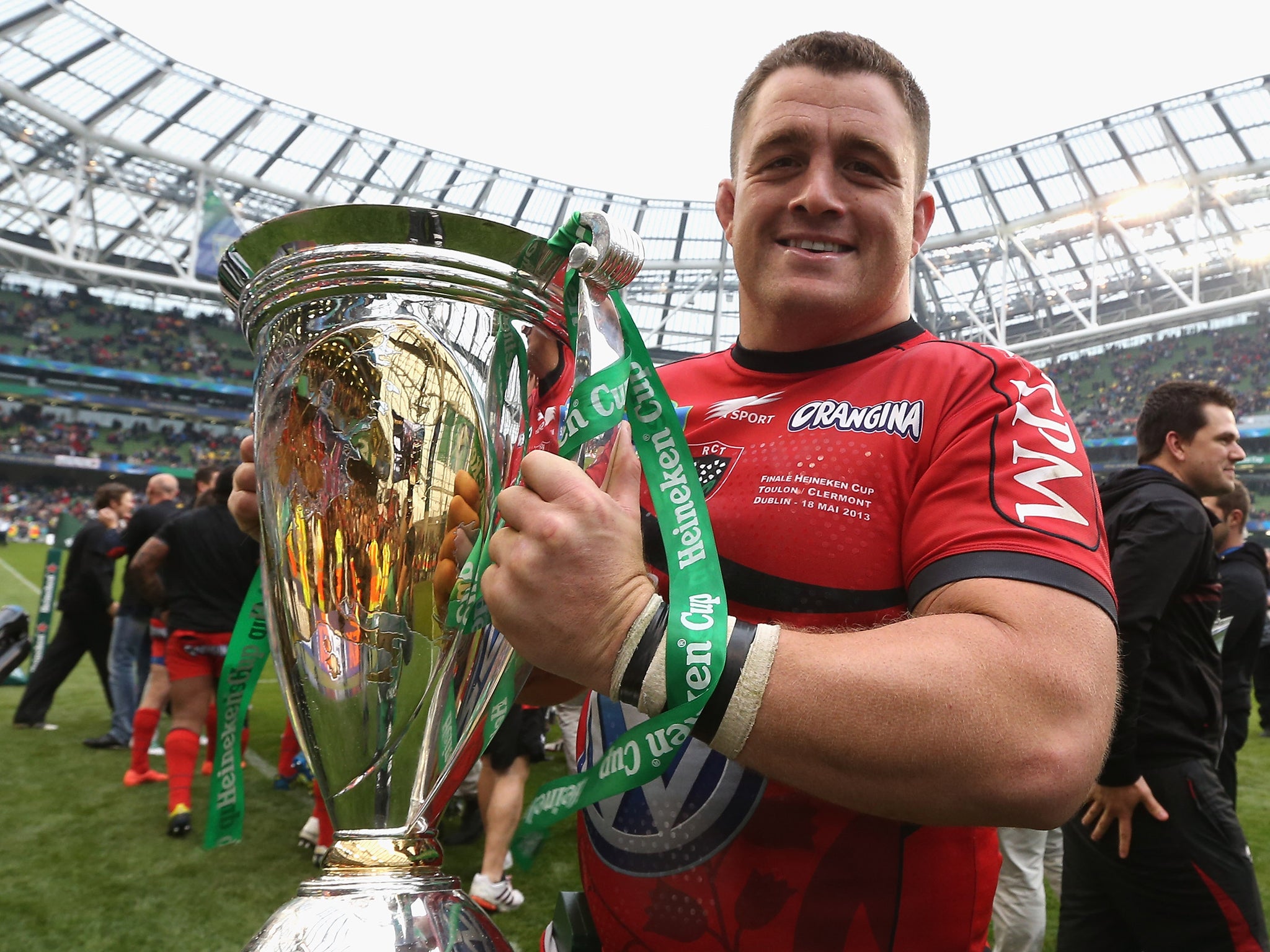 Sheridan of Toulon holds the Cup after their victory during the Heineken Cup final match between ASM Clermont Auvergne