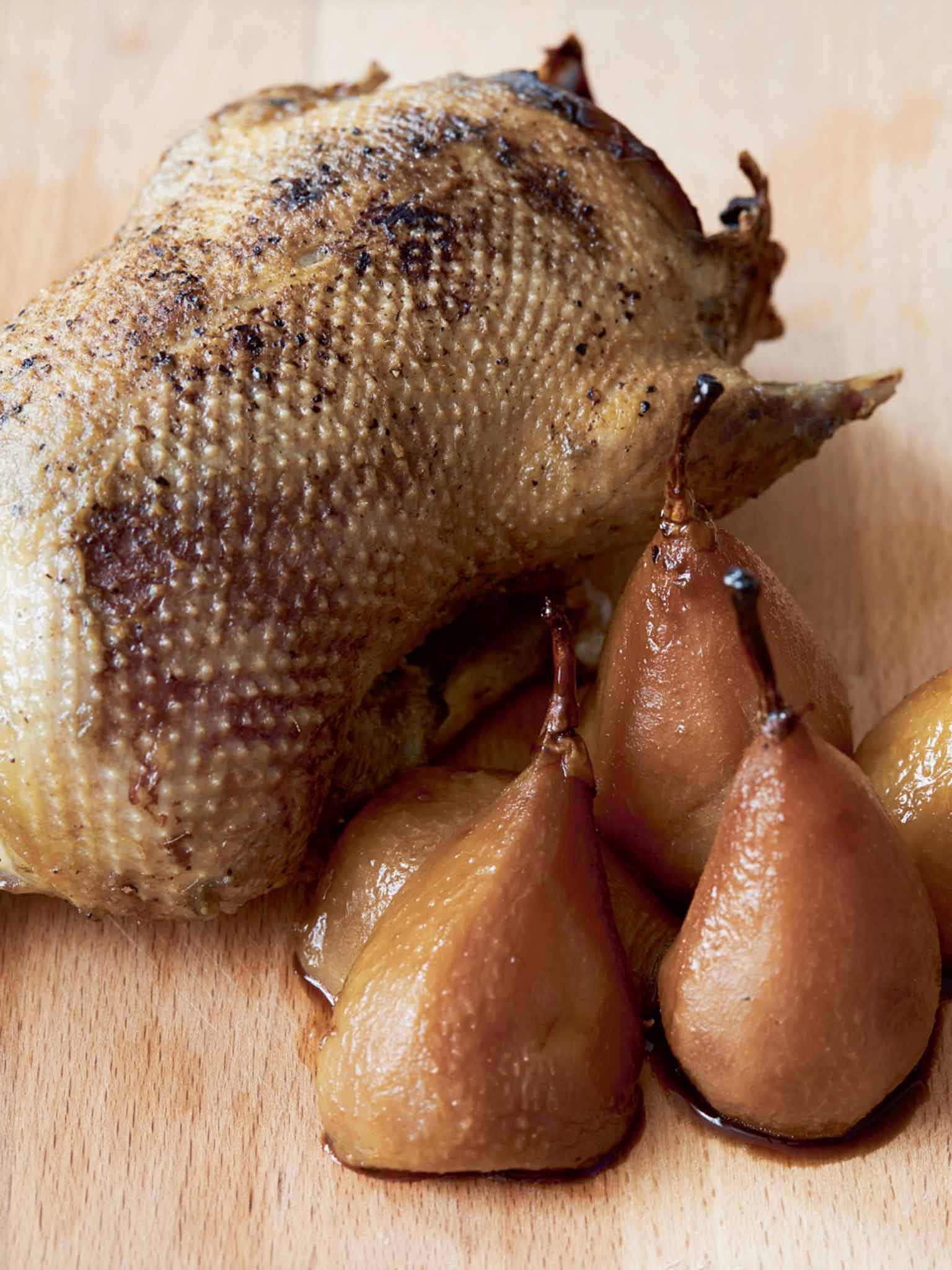 Roast mallard with pears cooked in porter