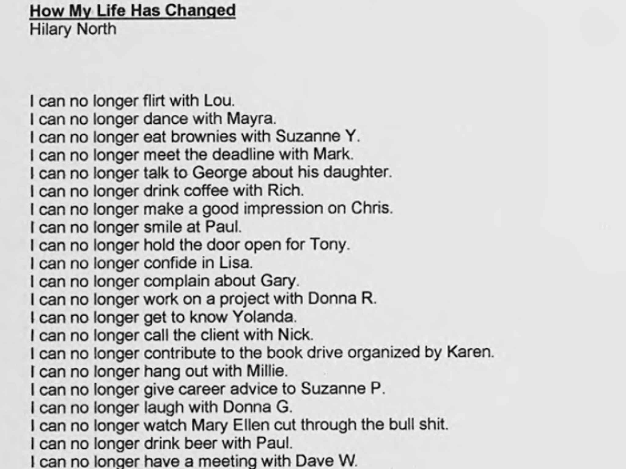 Hilary North's 'How My Life Has Changed', 2001