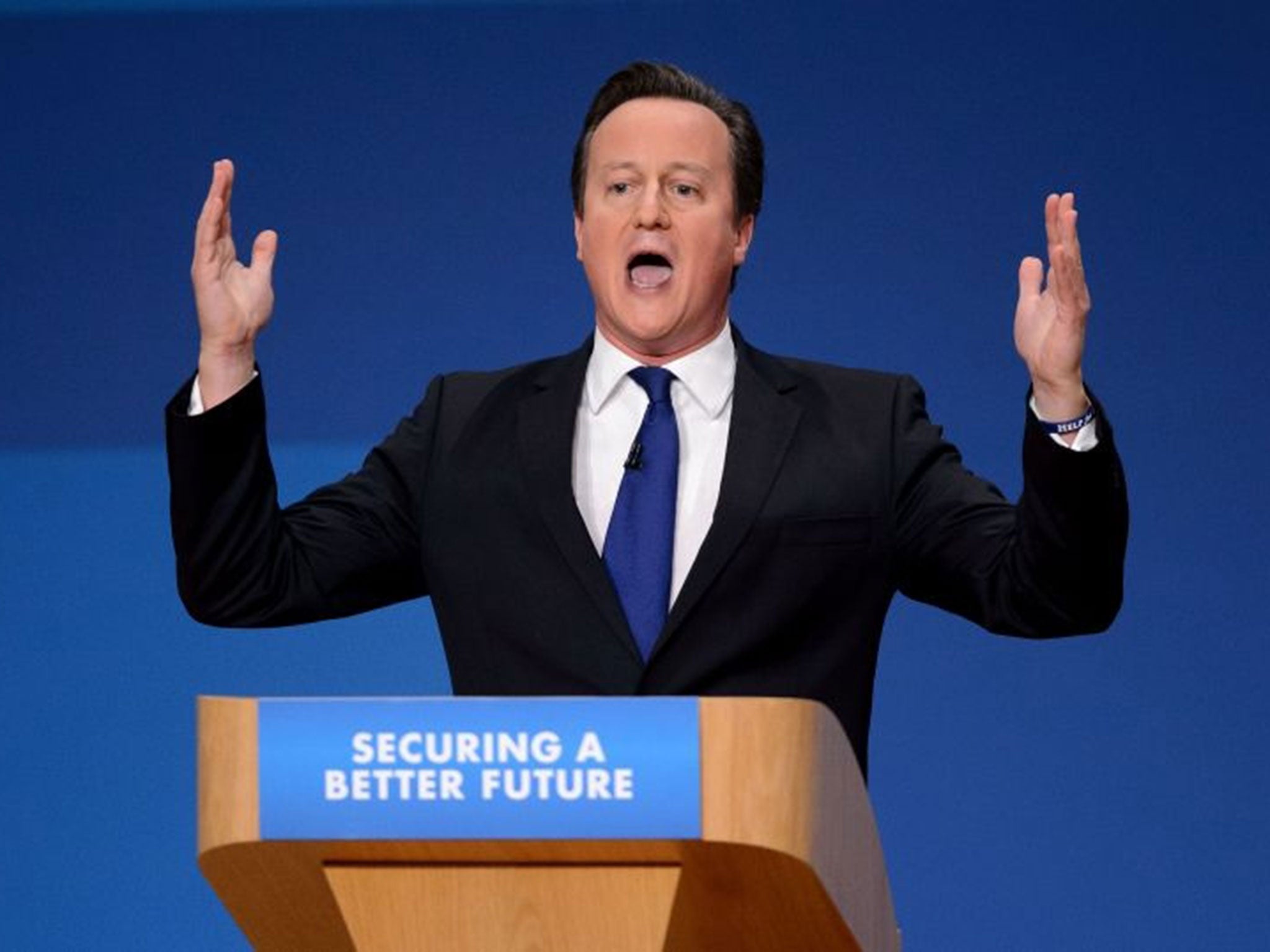 British Prime Minister David Cameron delivers his keynote speech on the final day of the annual Conservative Party Conference