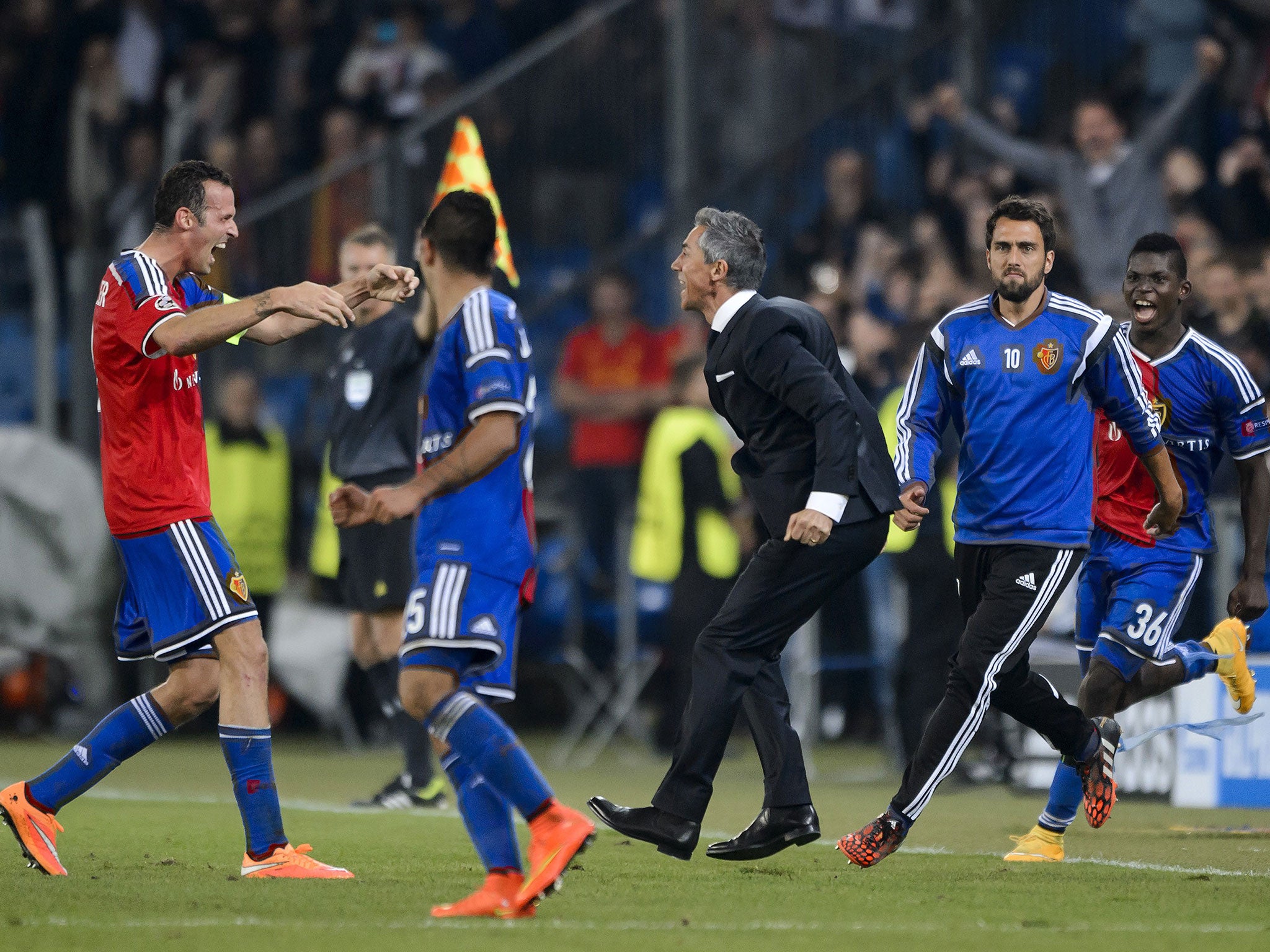 Marco Streller celebrates with Basel boss Paolo Sousa