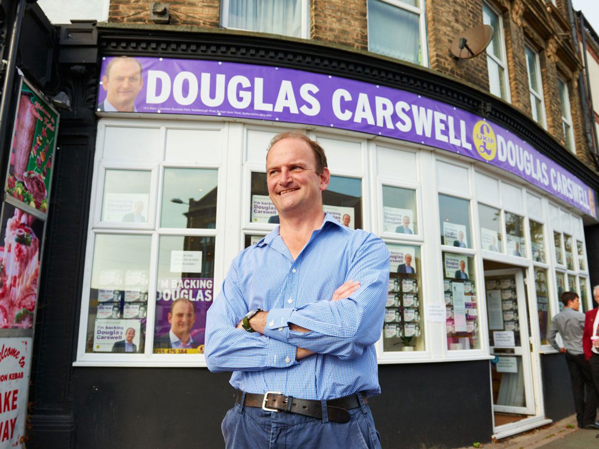 Douglas Carswell, the Tory MP who defected to Ukip, outside Ukip campaign headquarters in Clacton-on-Sea