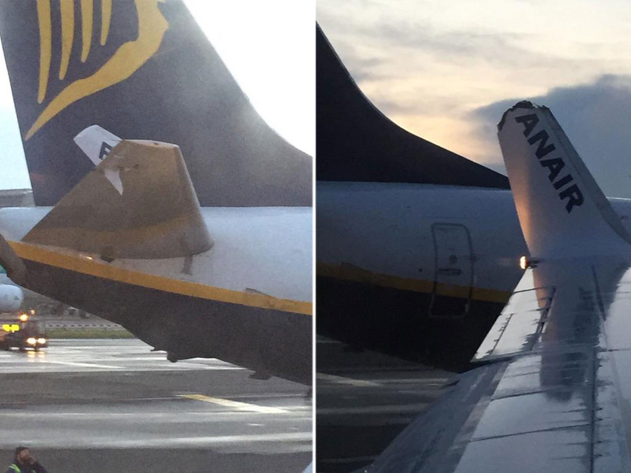 Pictures taken by passengers show how part of one of the plane's wings was left lodged in the tail of the other