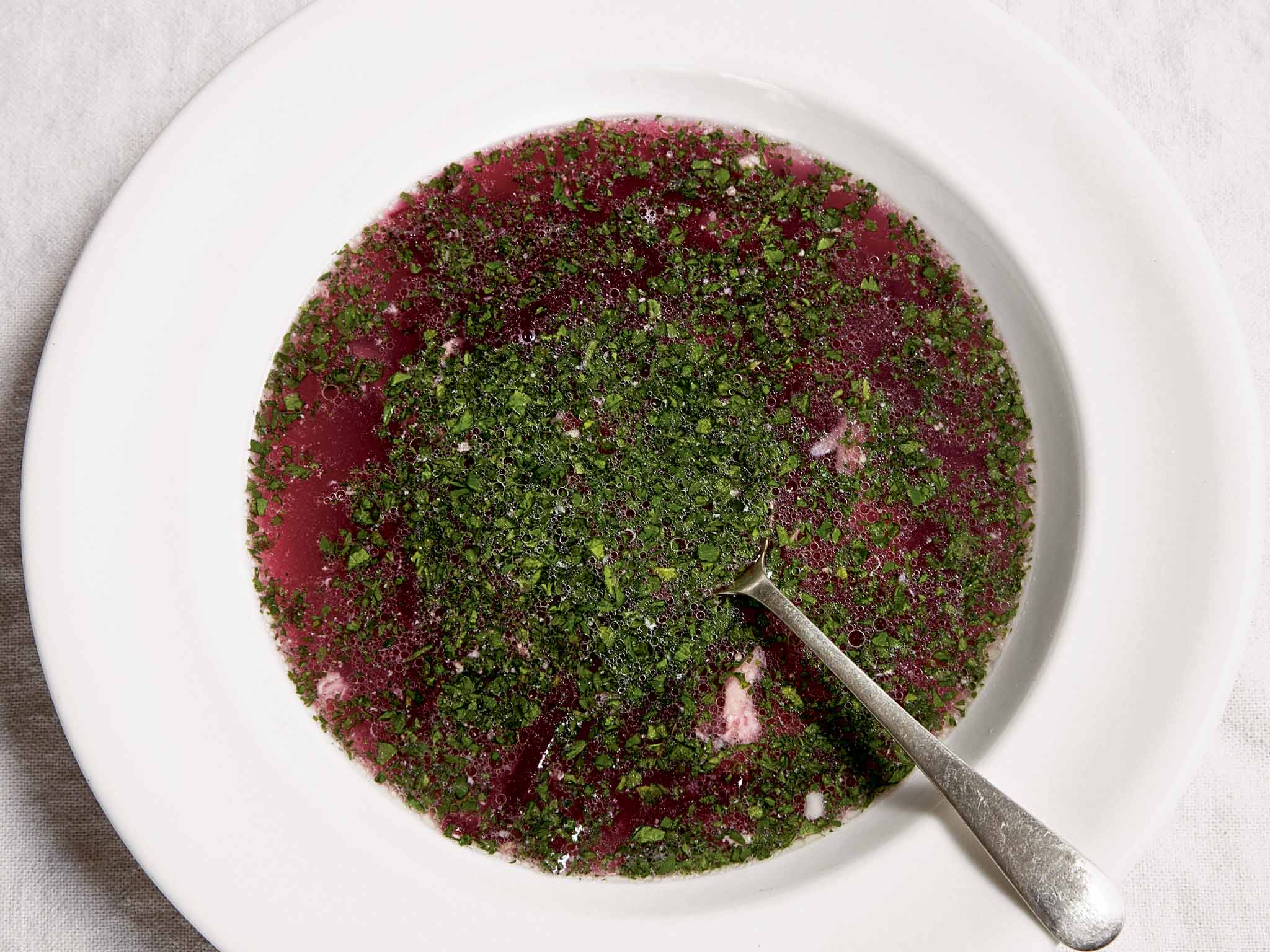 Ham hock, beetroot and horseradish broth